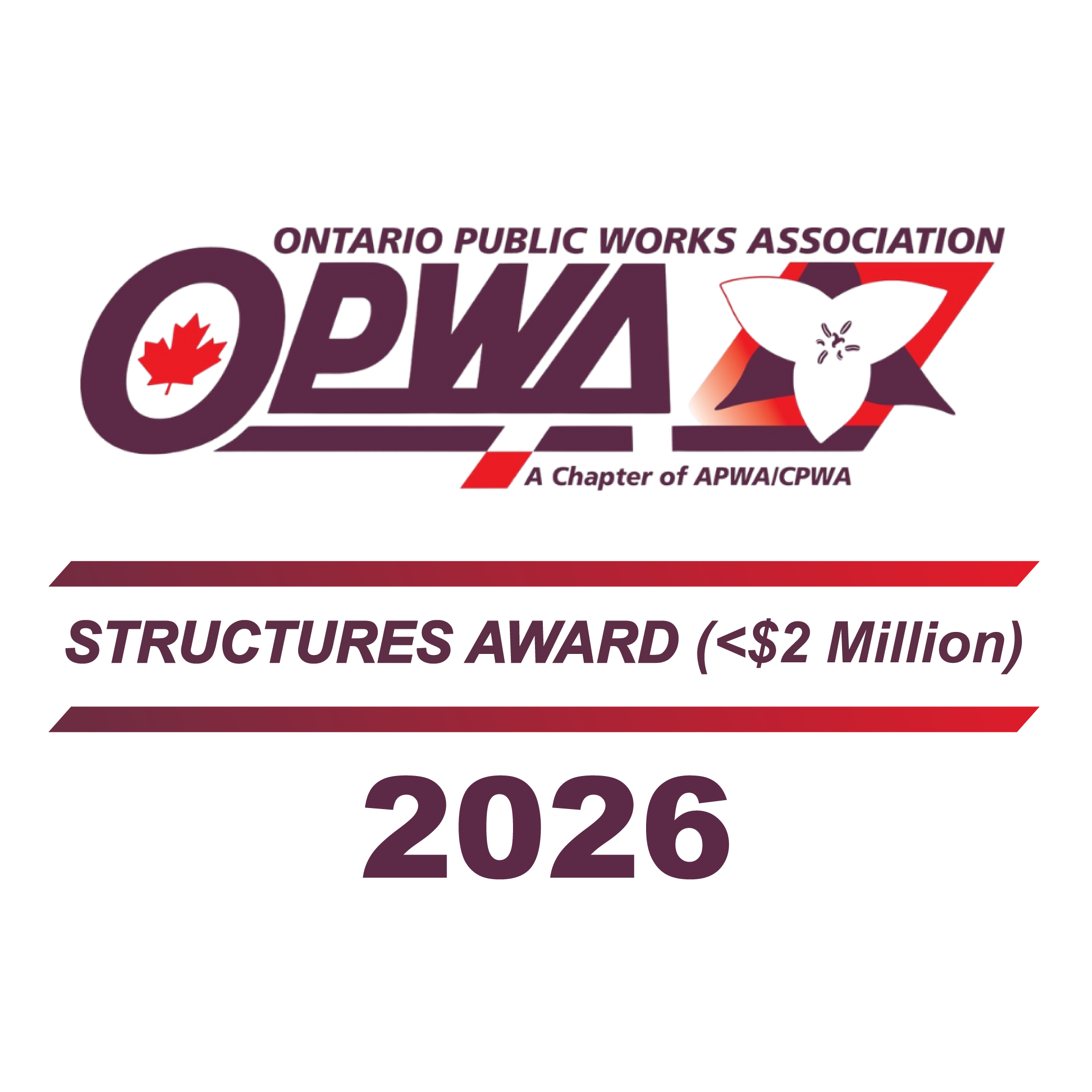 Ontario Public Works Association Award for Structures Under $2-million, awarded to the Boat House Retaining Wall project, completed by Harbourside Engineering for the city of Guelph, Ontario, 2026..