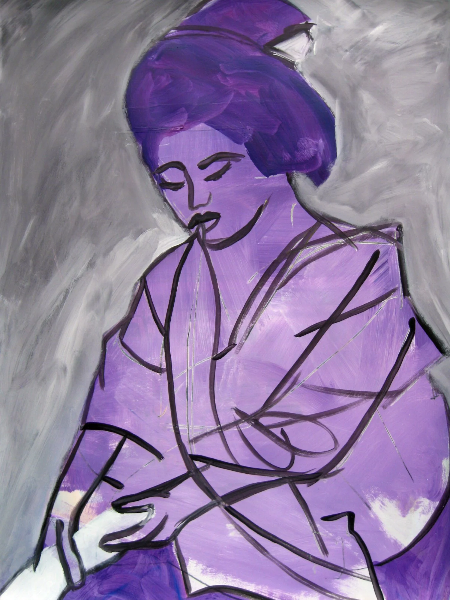 An figurative, gestural painting of a geisha with, eyes, looking down. and dark outlines, set against a purple and gray background.