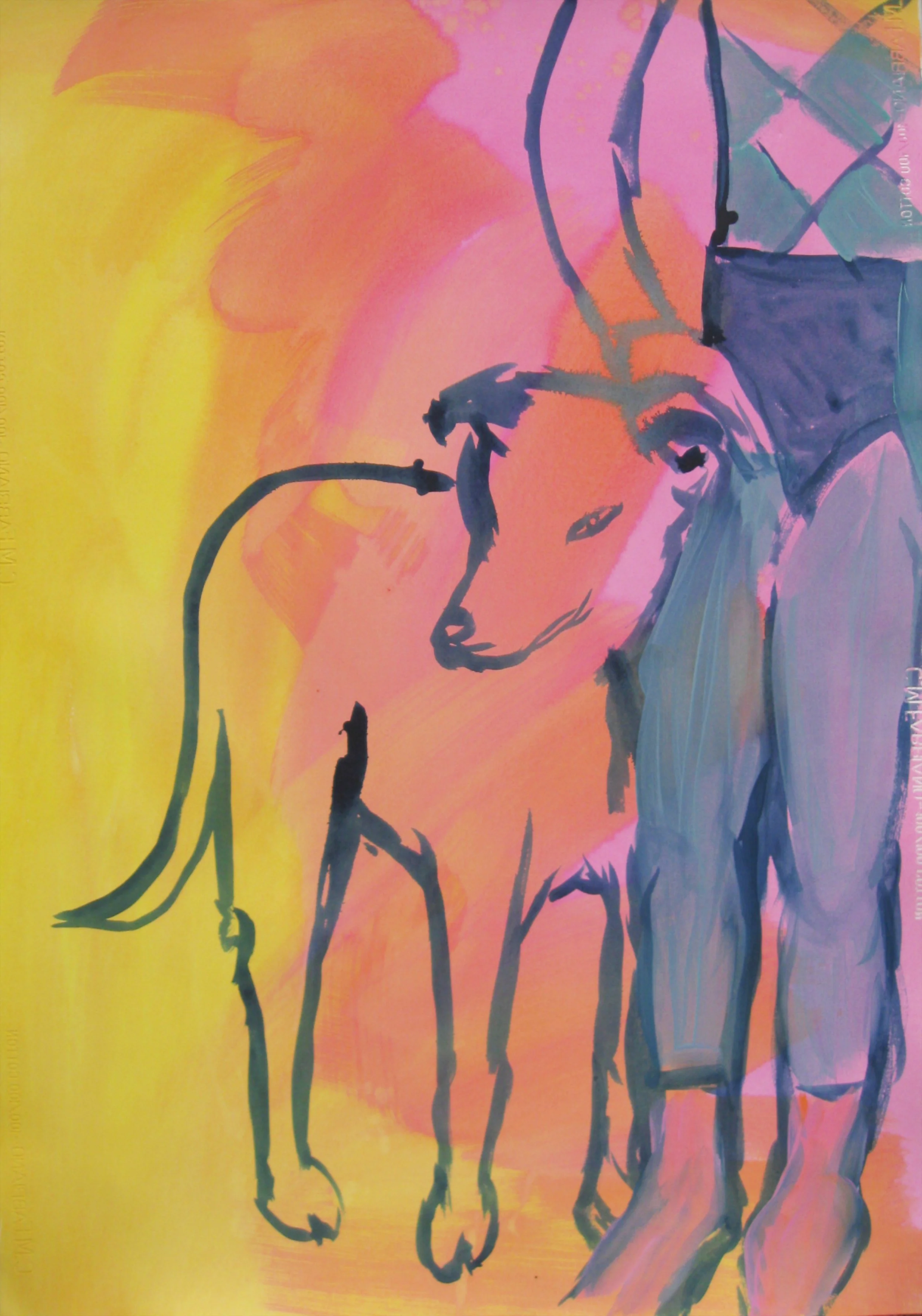 Mary Nicholson /artwork/An acrylic painting on paper of an acrabat and his dog.  loosely painted in pastel shades of pink, blue, and yellow.