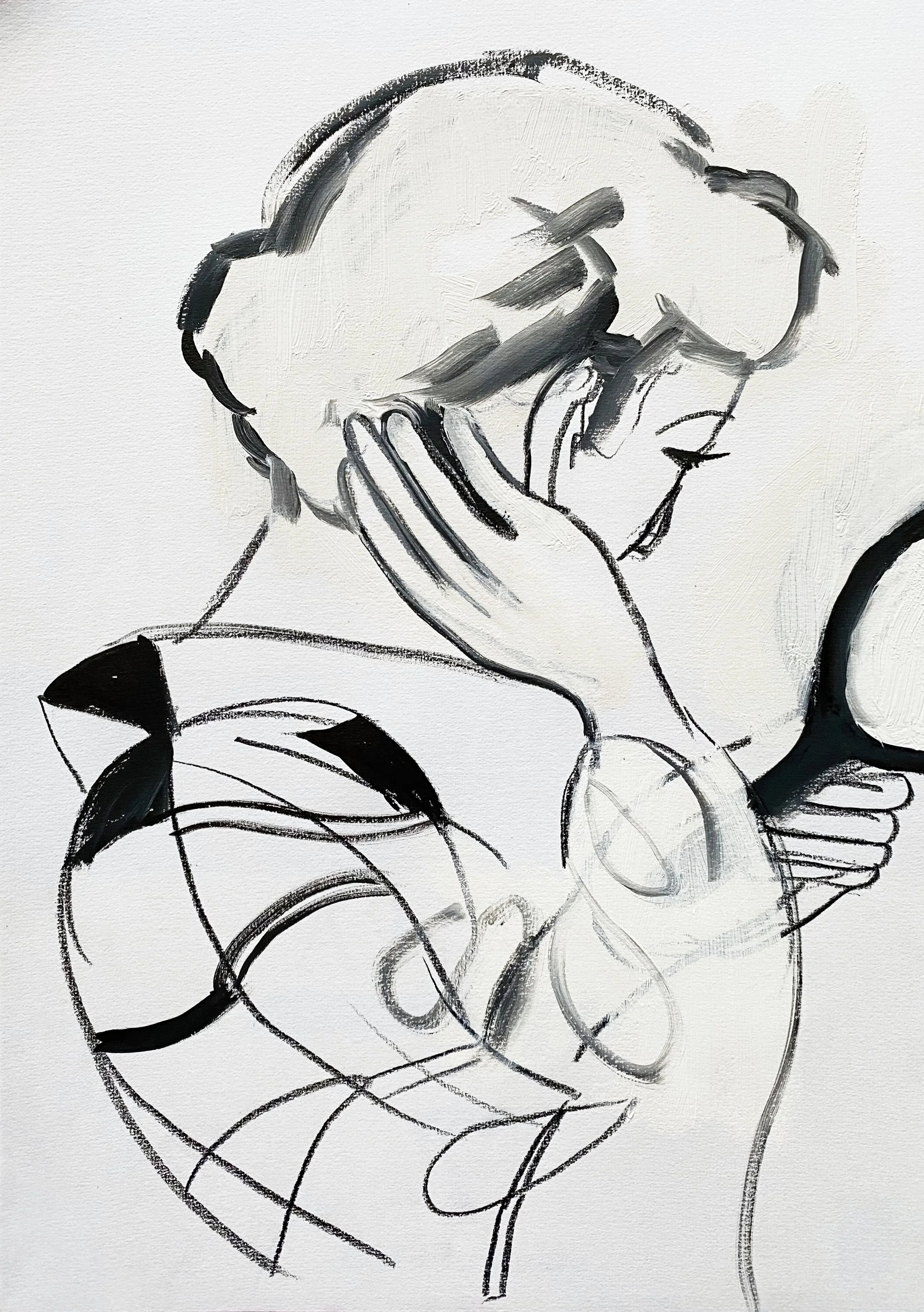 Mary Nicholson/ artwork/ Black and white line drawing of a geisha holding a mirror, and glancing at her reflection.