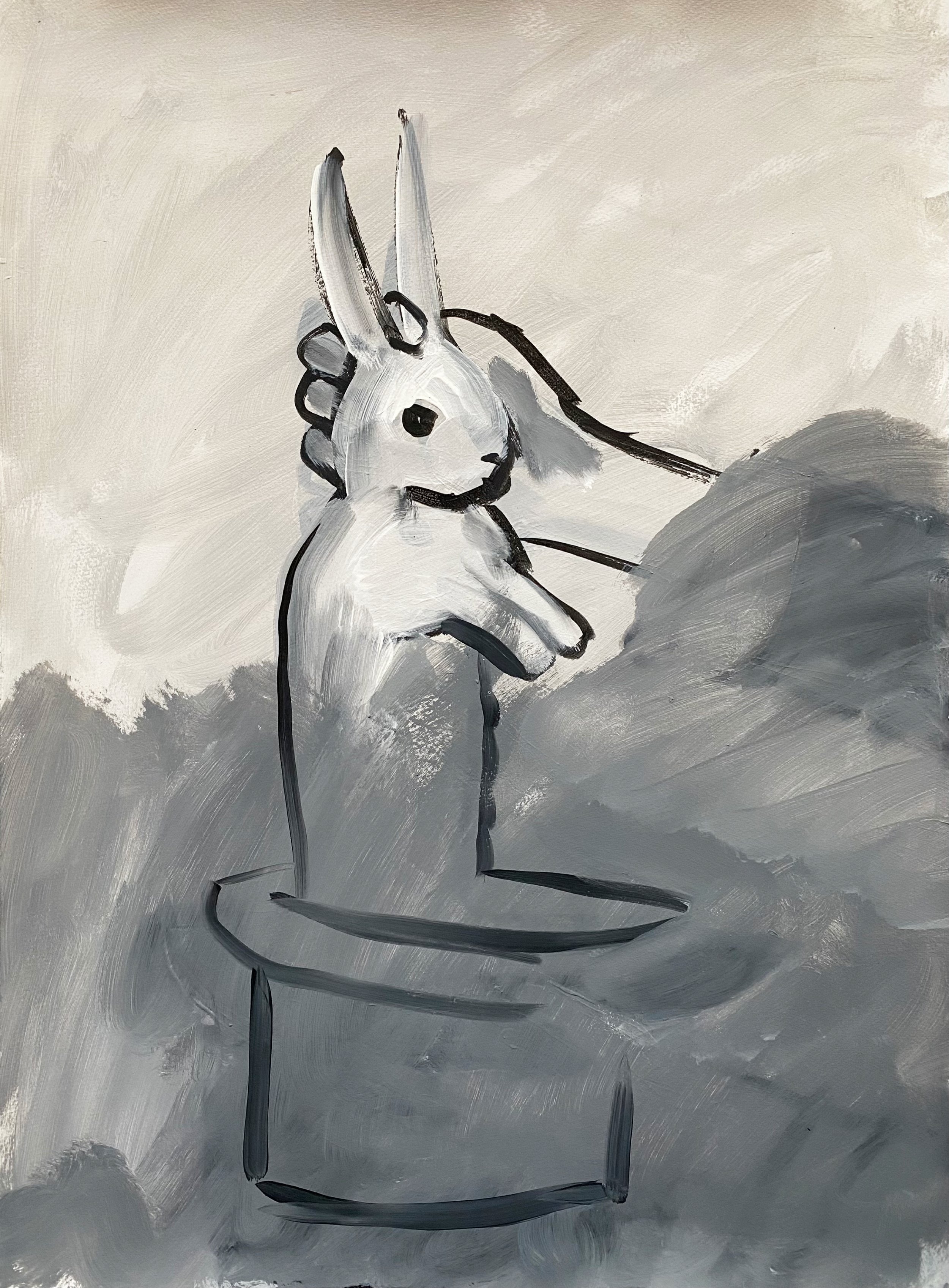 Mary Nicholson/Fine art/ artwork/shows a rabbit being pulled from a hat, the classic magic tric, painted in grey tones/cute