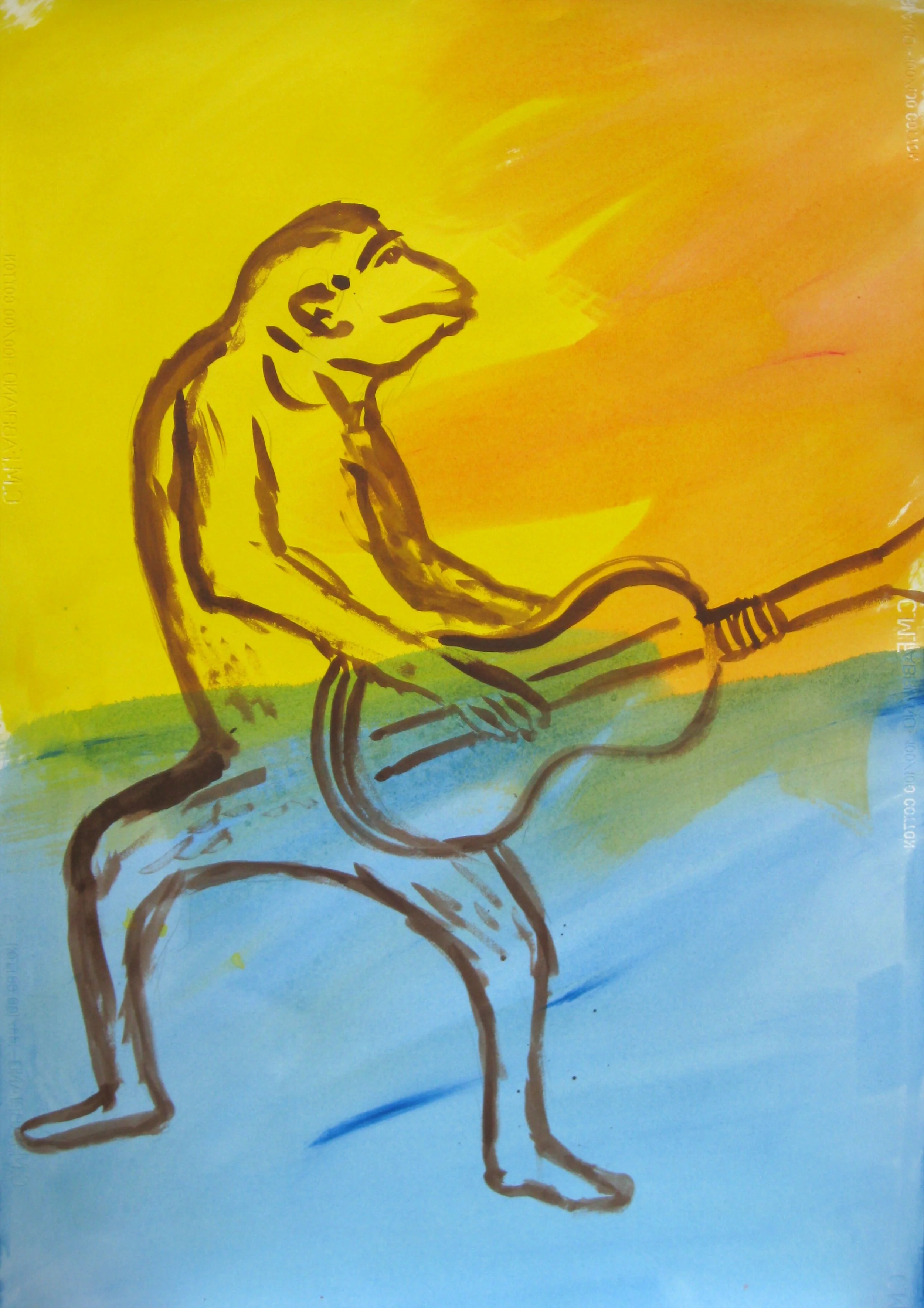 Mary nicholson/artwork/A simple line drawing of a dog with a guitar set against a vibrant background that transitions from yellow to orange to blue.
