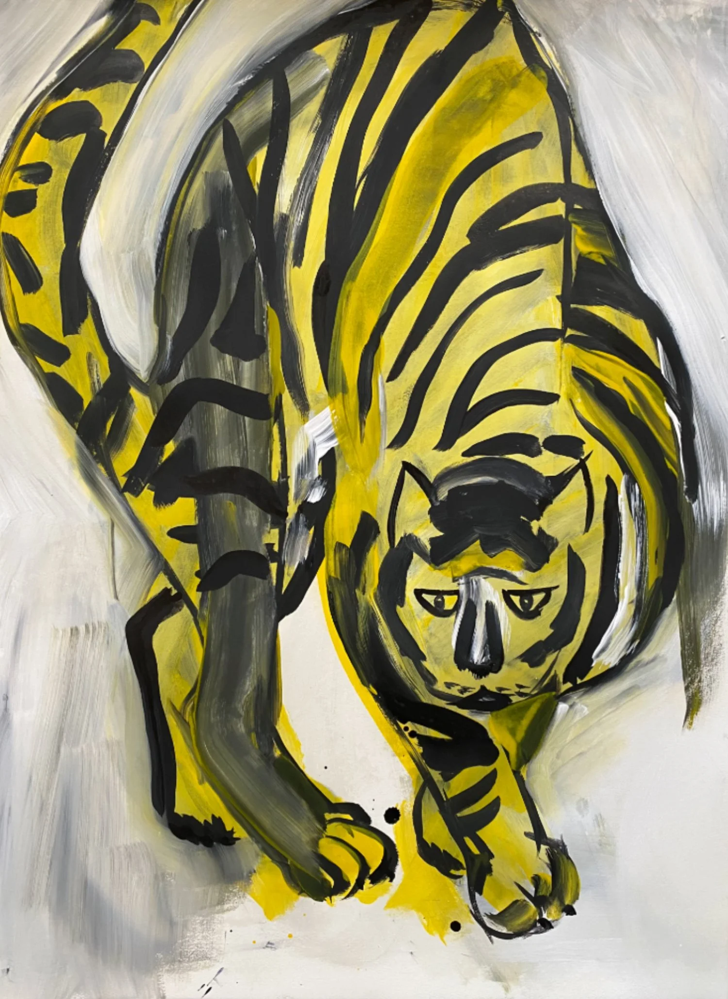 Mary Nicholson/artwork/An gestural painting of a tiger in yellow, black, and white colors with bold brushstrokes.
