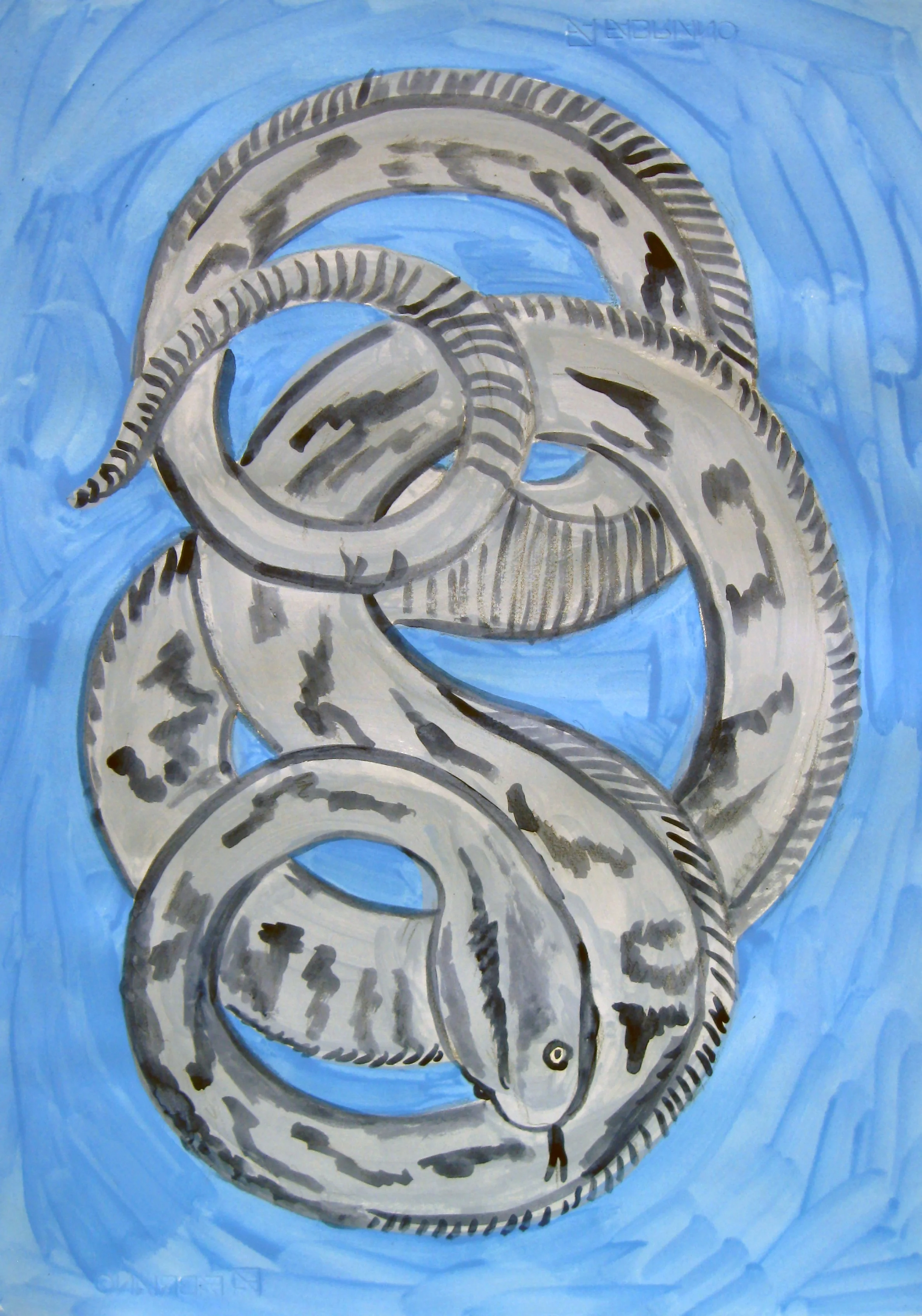 Mary Nicholson/ contemporary artist/ painting of a coiled snake in soft greys against and azure blue