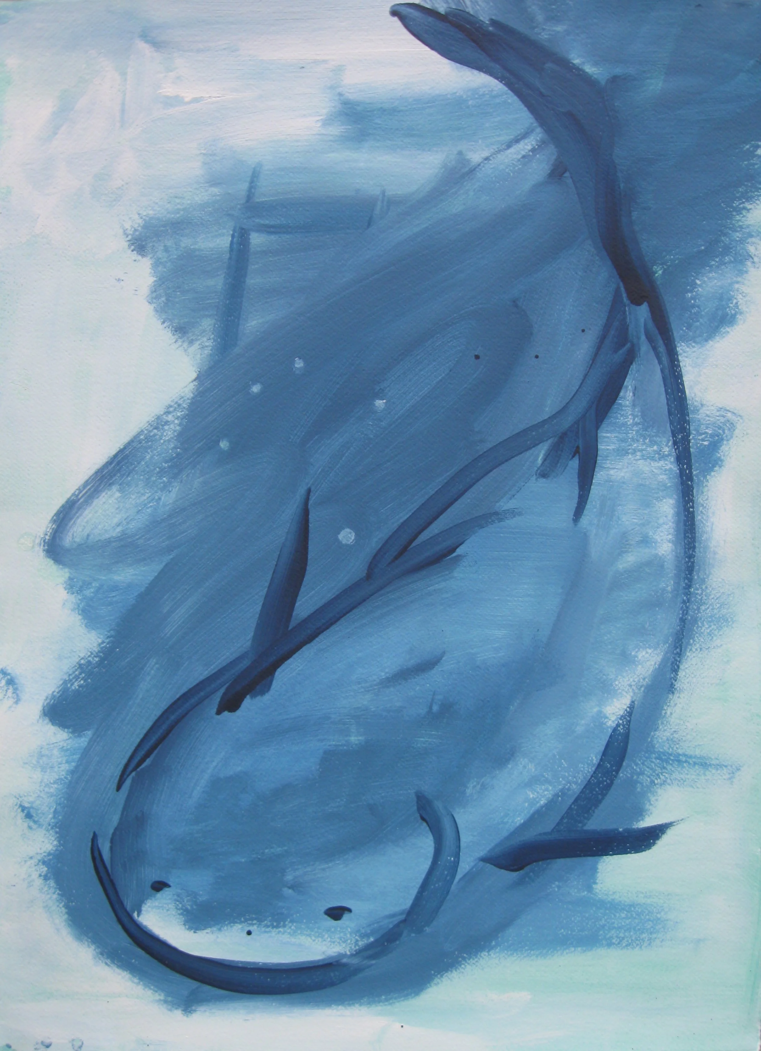 Mary Nicholson/artwork/An expressive painting of a fish with various shades of blue, including darker blue swirls and lighter blue background.