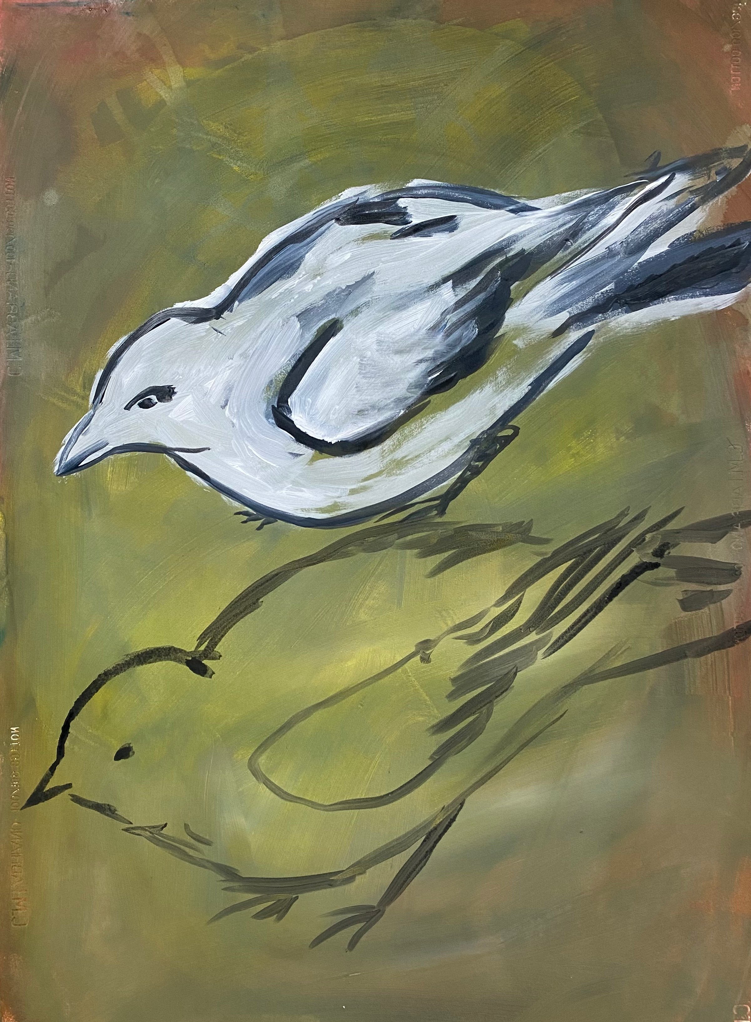 Mary Nicholson/ artwork/Painting of  two birds, one on top of the other.  As above, so below, against a greenish background.