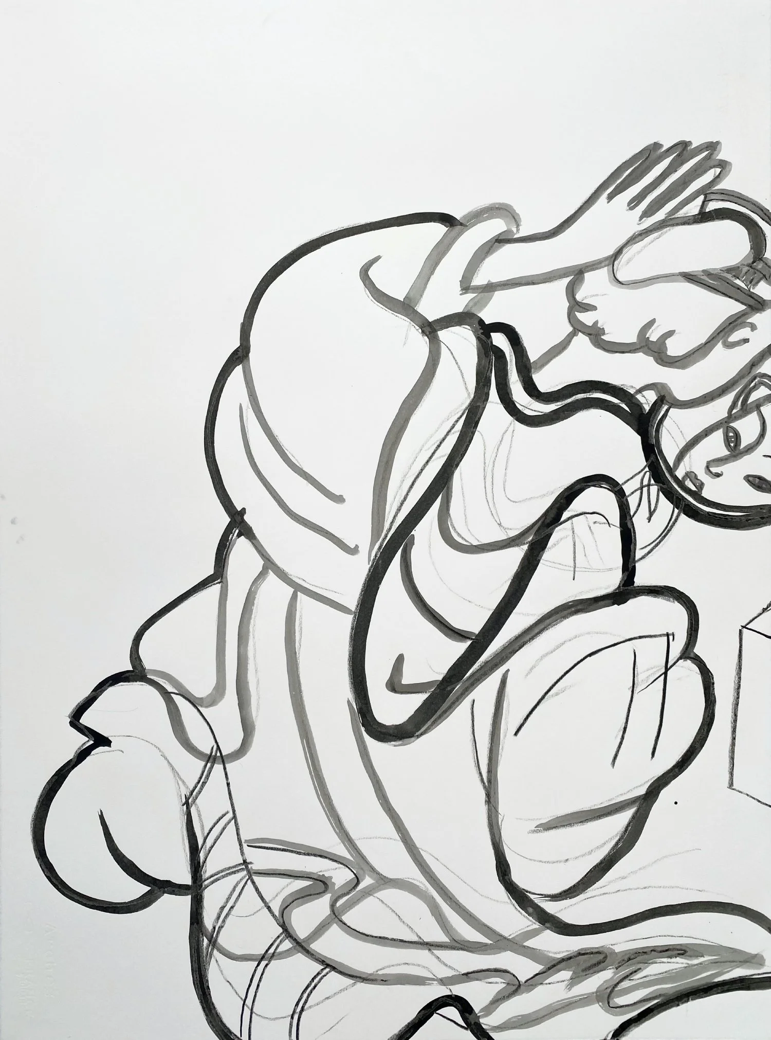 A black and white ink line drawing on paper of a geisha looking at herself in a mirror.