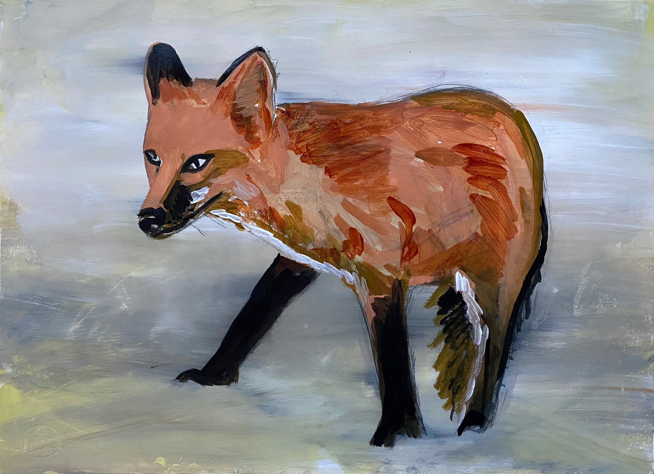 Mary Nicholson/artwork/A painting of a fox with beautiful browns against a light-colored background. The fox has orange fur with black-tipped ears, black legs, and a white-tipped tail.
