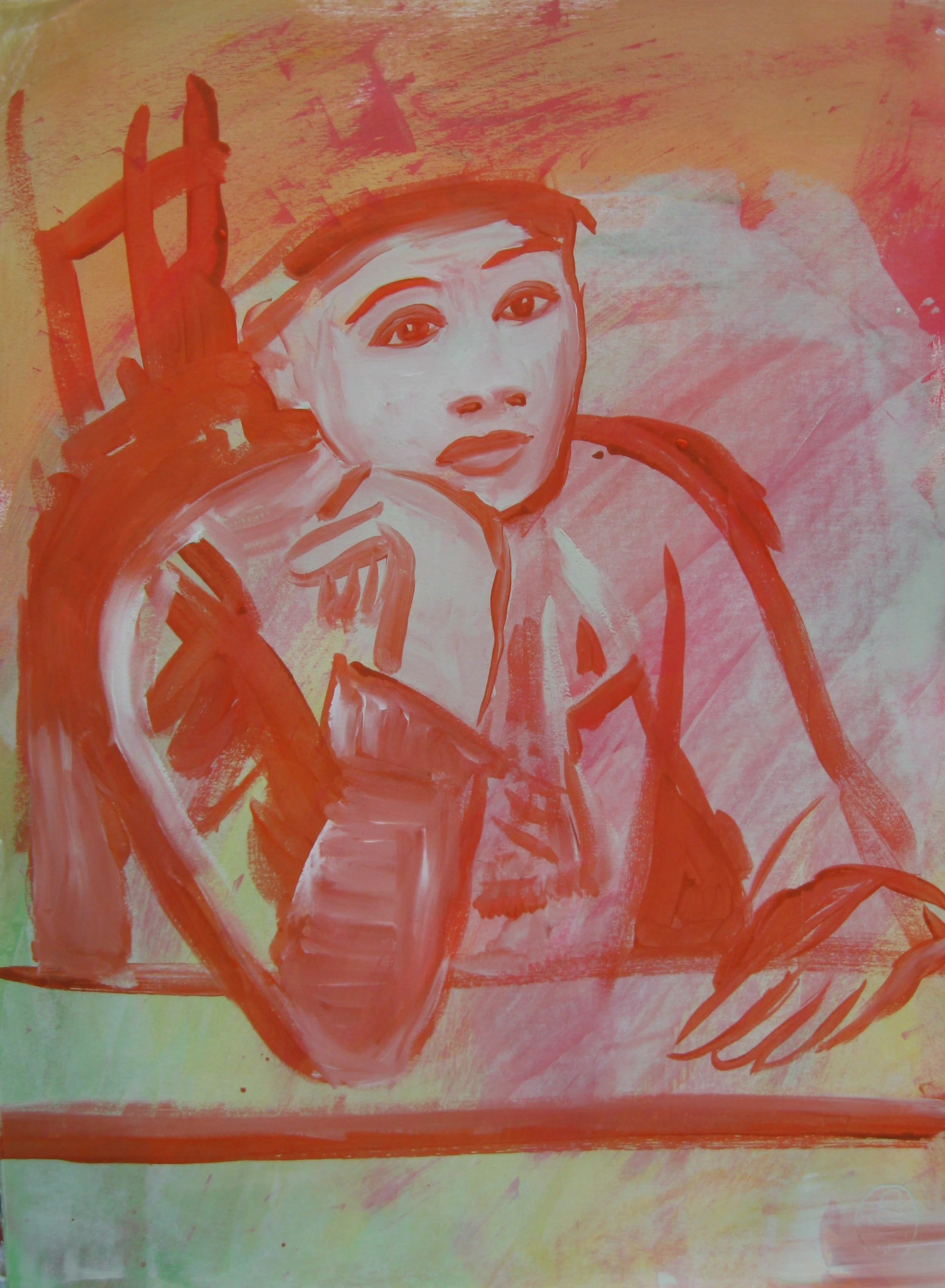 Mary Nicholson original painting of a woman at a bar, after Manet's Plum Brandy painting. Simply painted in a rust red