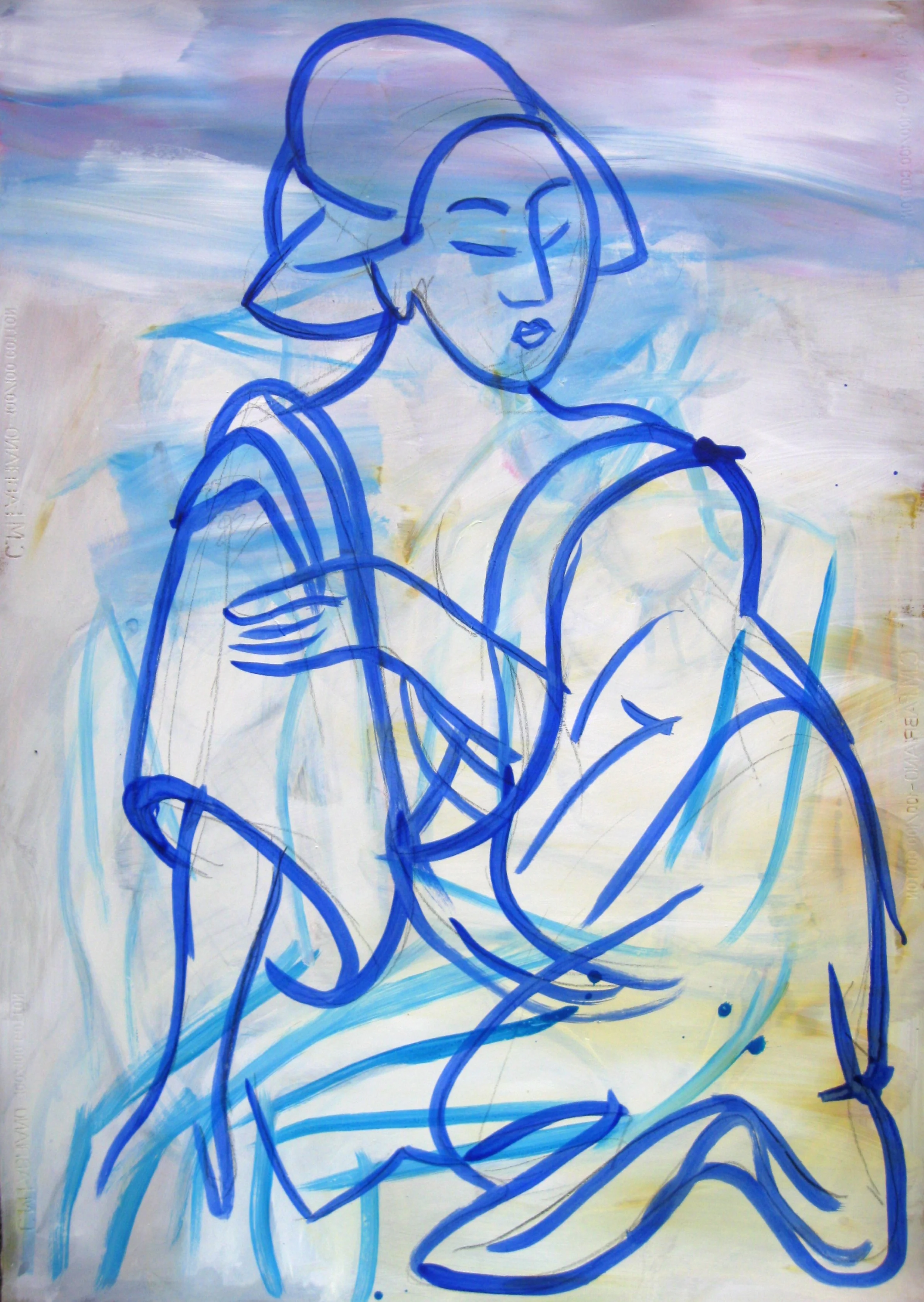 Geisha  Paining A line drawing of a woman with closed eyes, wearing robes, in front of a pastel-colored, abstract background.