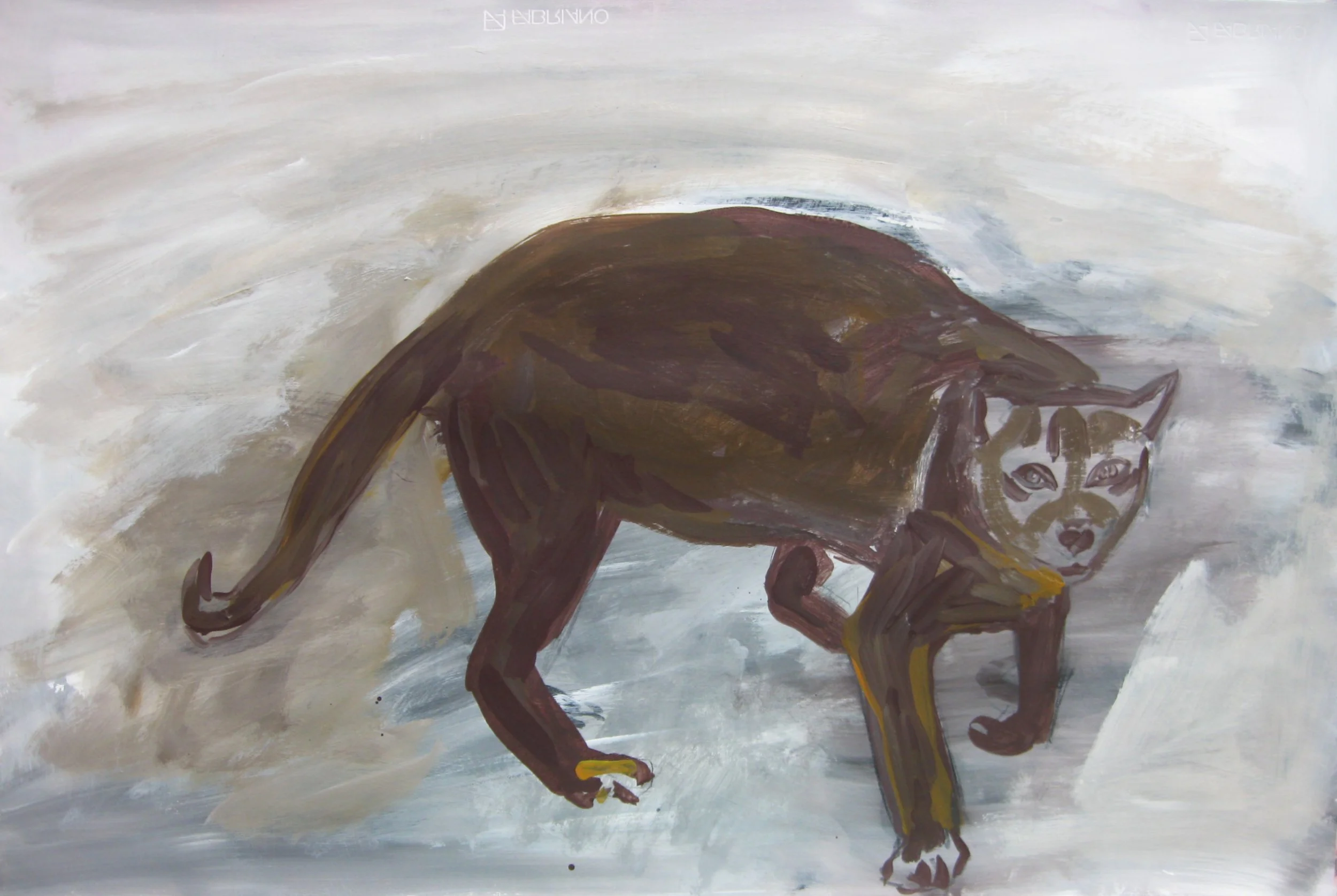 Mary Nicholson/artwork/A painting of a brown cat with green eyes, shown in a crouching position with its head turned towards the viewer. The background is light, with soft brushstrokes and cloudy details.