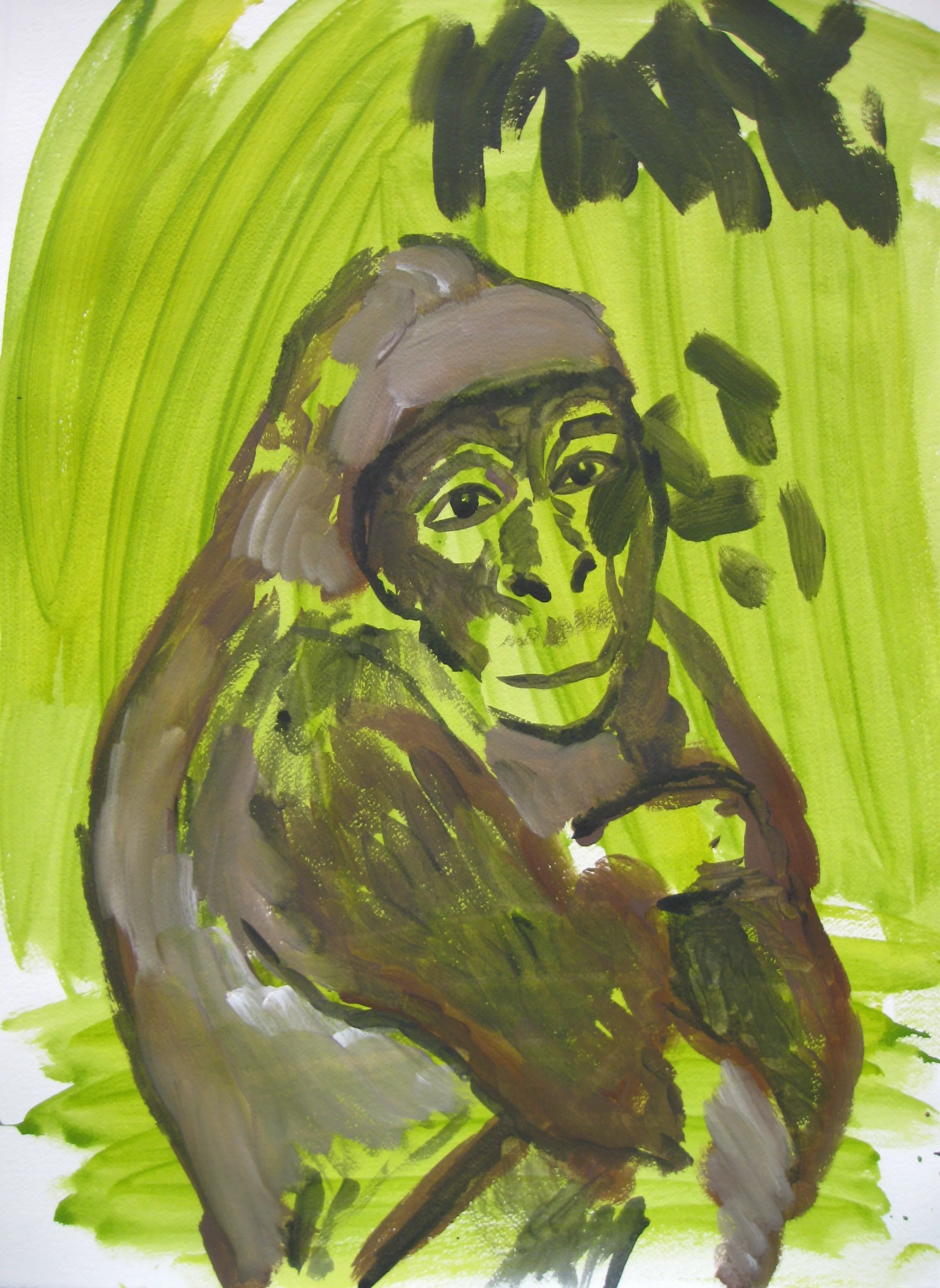 Mary Nicholson/ artwork/ a loosely painted image of a River Ape with a human expression. Expressive painting on a bright green background/fine art