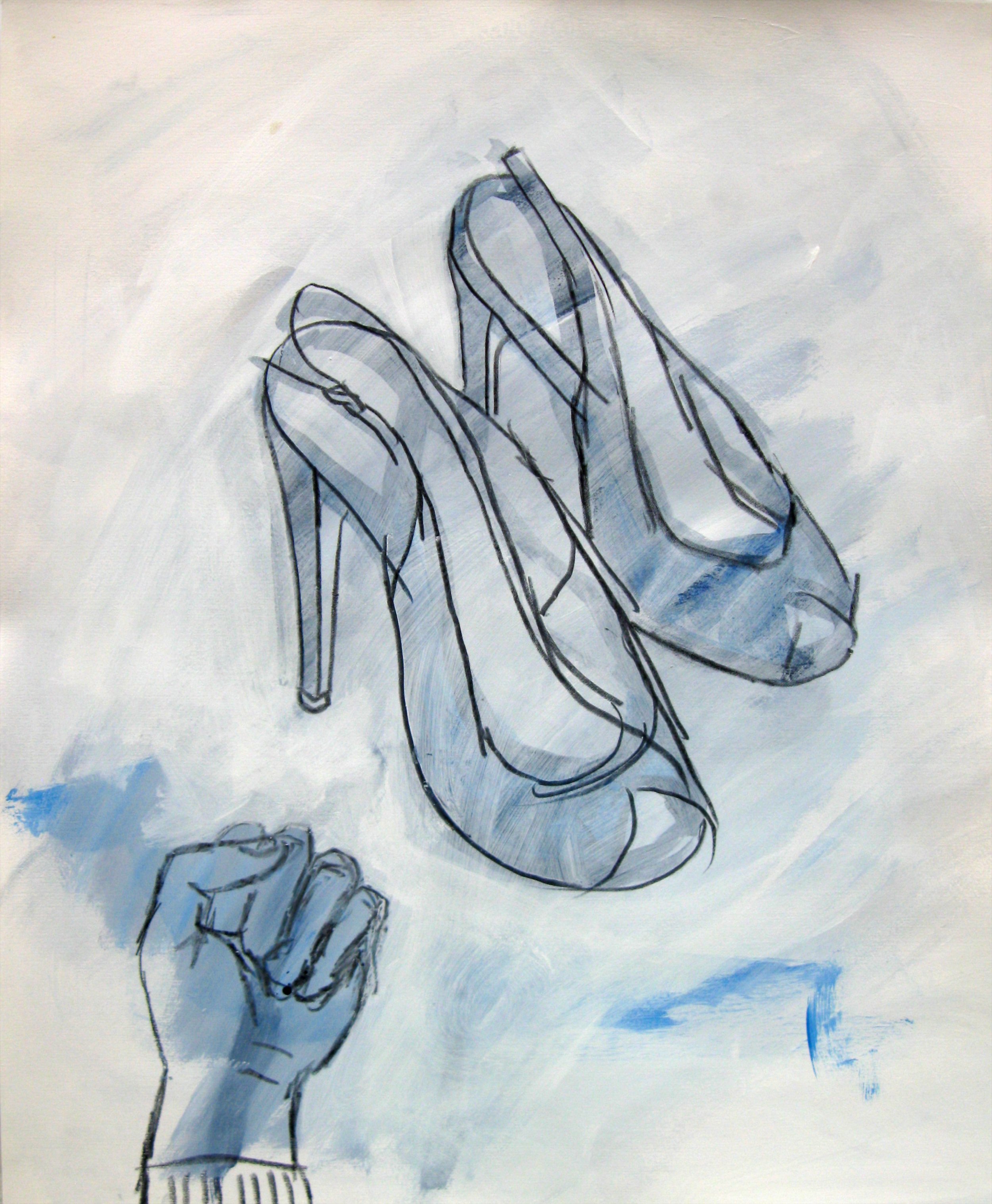Mary Nicholson painting showing a pair of high heeled shoes a with a fist set against a background with blue and white watercolor-like washes.