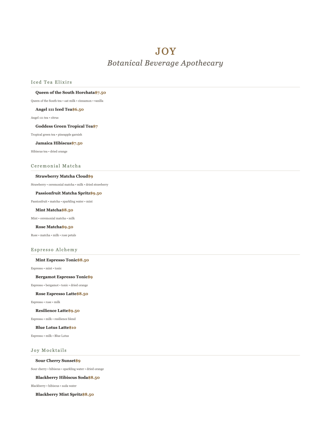 Menu from a botanical beverage apothecary called JOY, listing various iced tea elixirs, ceremonial matcha, espresso alchemy drinks, and joy mocktails with their prices and ingredients.