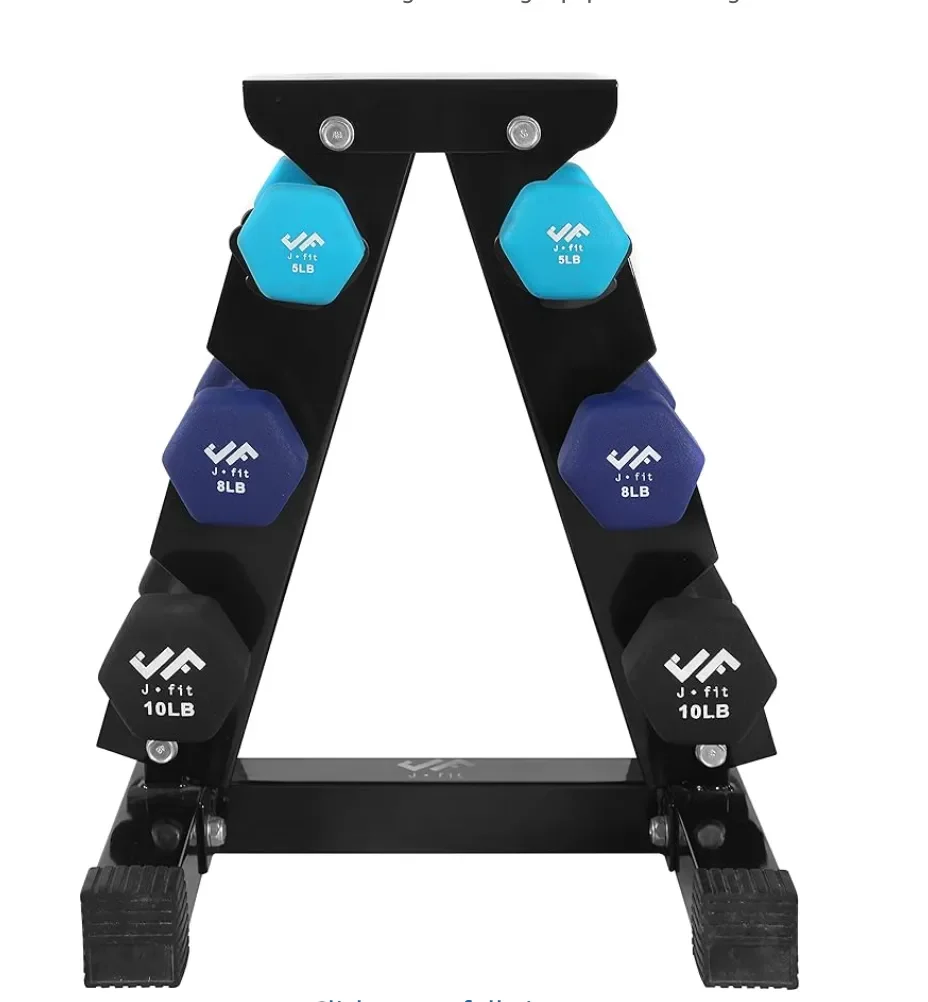 Neoprene dumbbells on a black rack