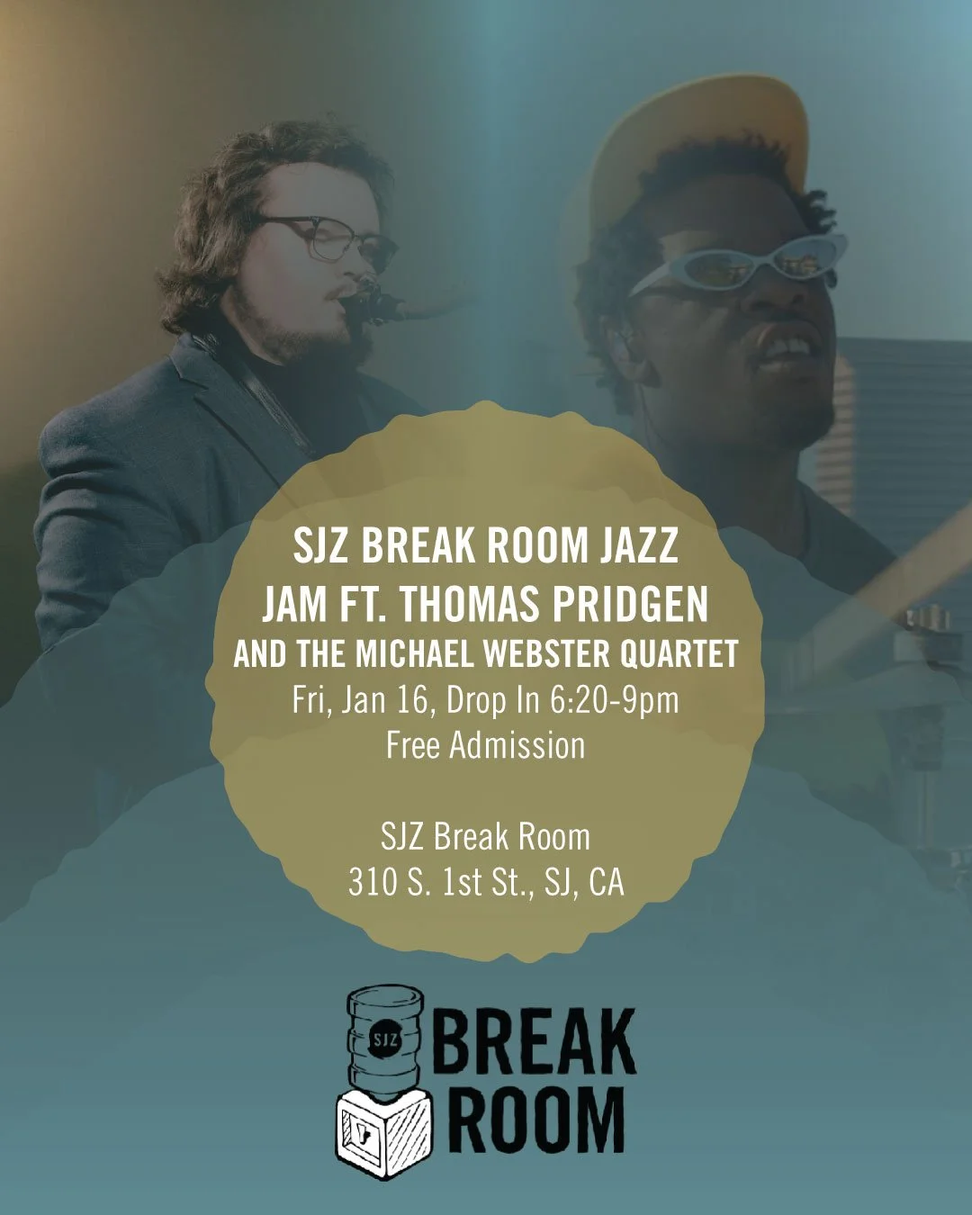 Join us for our FREE SJZ Break Room Jazz Jam, on a special day! This Friday, January 16, we welcome Mars Volta drummer Thomas Pridgen as special guest at the jam from 7&ndash;9, following a concert by the Michael Webster Quartet. Drop in anytime for 