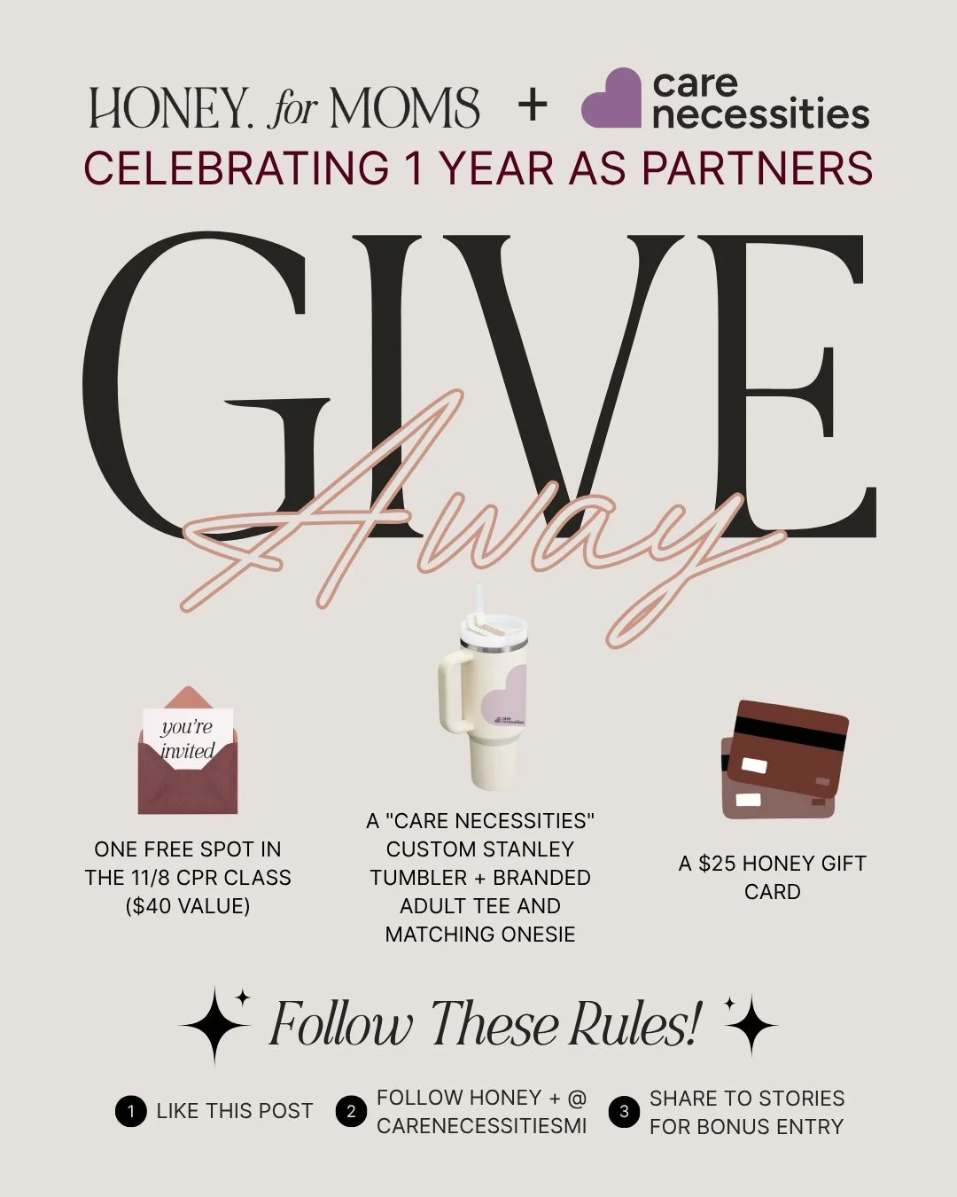 GIVEAWAY ALERT 🎉⁠
⁠
We&rsquo;re celebrating one year of partnership with @carenecessitiesmi by giving away something special to a lucky member of our online community:⁠
⁠
THE PRIZE:⁠
&bull; One free spot in our Infant + Child CPR class on 11/8 (valu