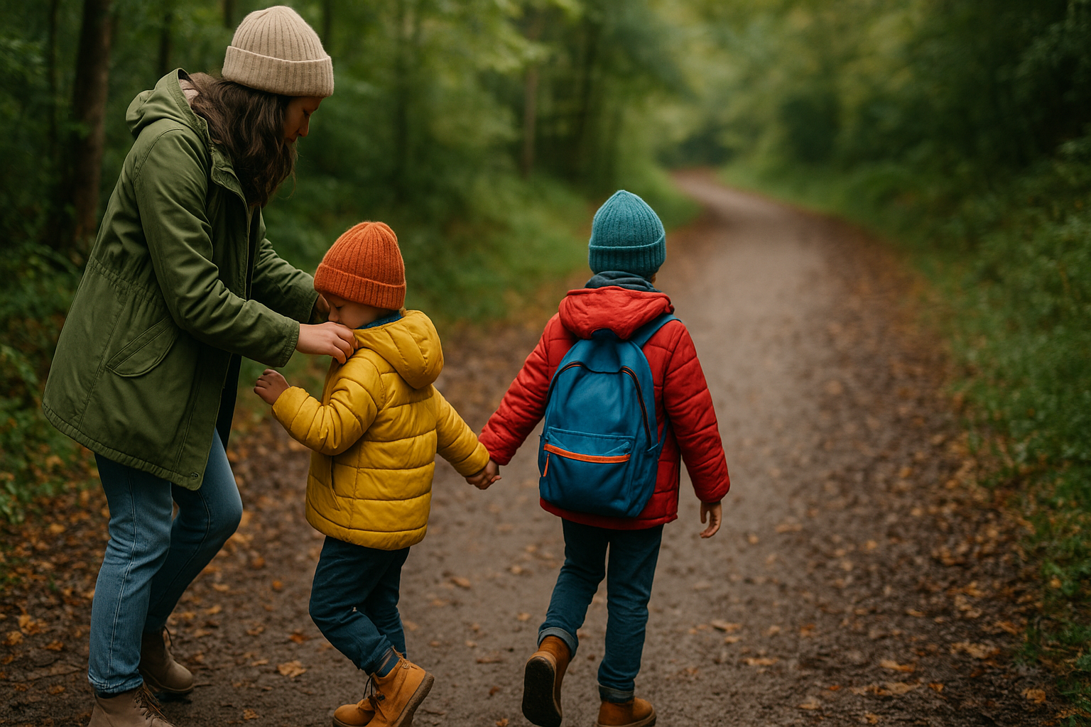 Eine Frau begleitet zwei Kinder beim Spaziergang im Wald an einem herbstlichen Tag.