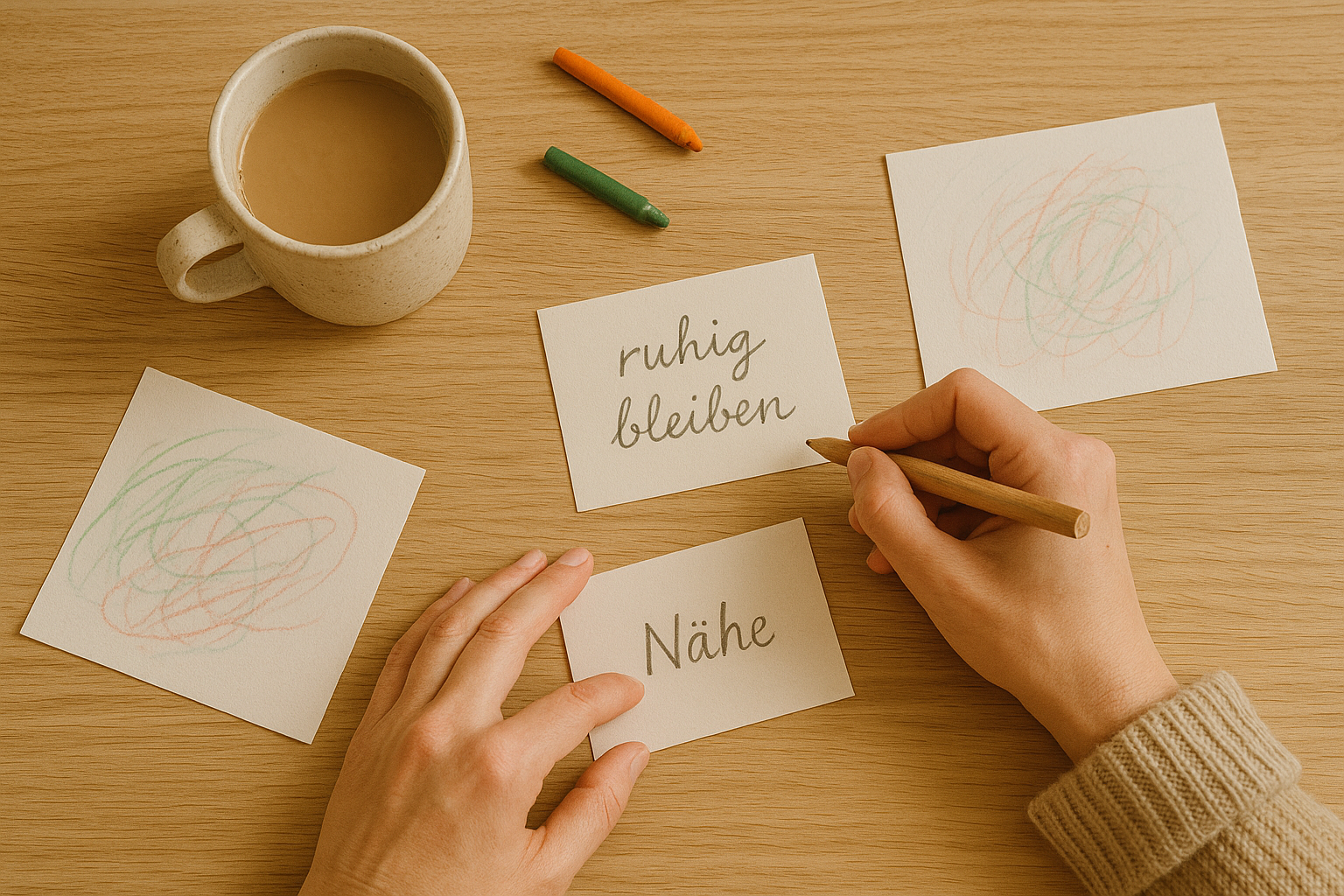 Hand schreibt auf Karte 'ruhig bleiben' während auf dem Tisch zwei weitere Karten liegen, eine mit 'Nähe' und die andere unbeschriftet, umgeben von Kinderzeichnungen, eine Tasse Tee, zwei Kreidee, beige Pullover.