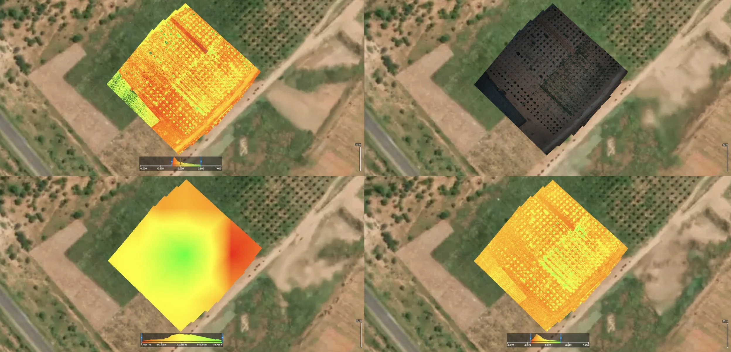 Four satellite images of the same agricultural area have colorful overlays indicating different analyses that can be performed.
