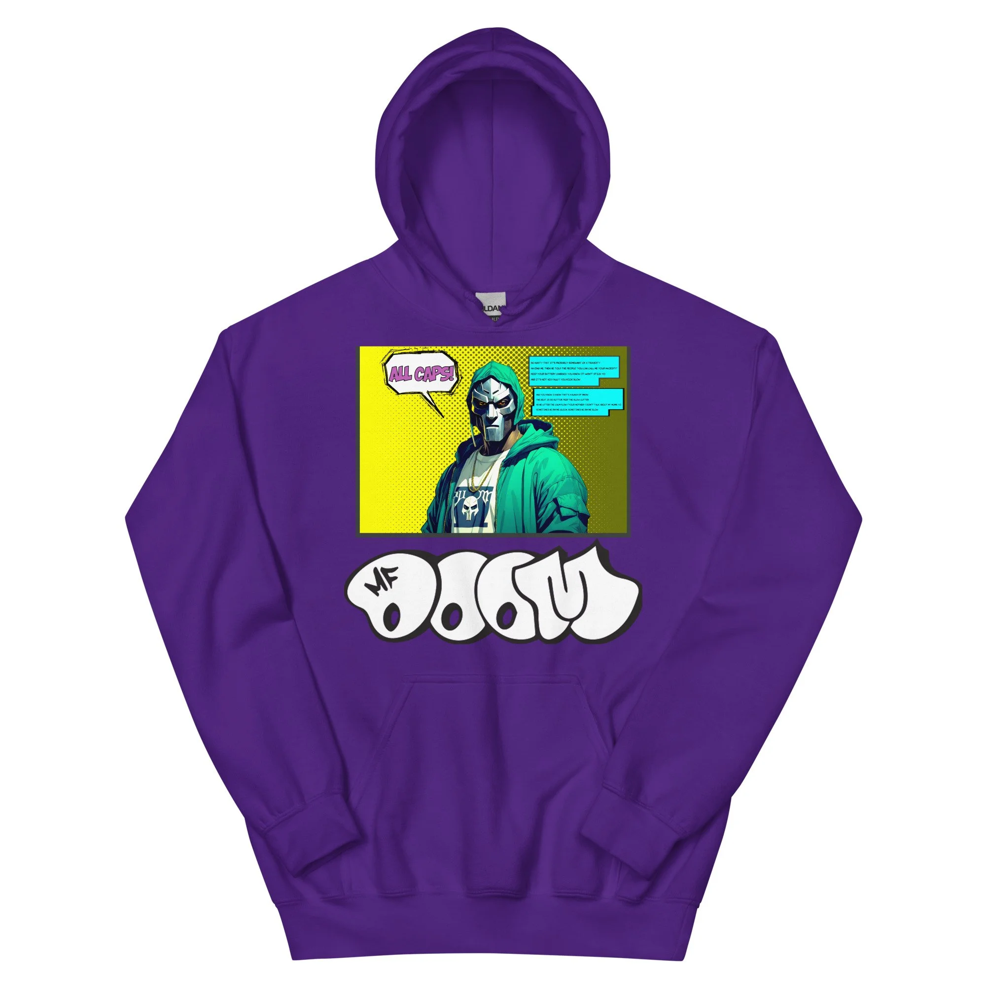 Purple hoodie featuring a comic-style design with a masked character in a green jacket, speech bubble saying "ALL CAPS!", and large stylized graffiti text reading "MF D.O.G".