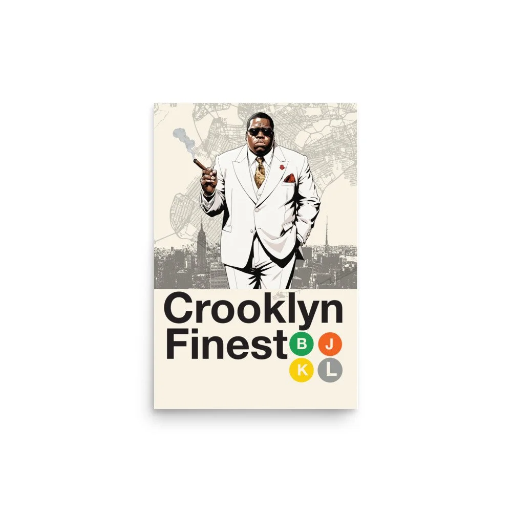 Illustration of a man in a white suit holding a cigar, standing in front of a city map and skyline, with the text "Crooklyn Finest" and symbols for New York City subway lines J, B, K, and L.