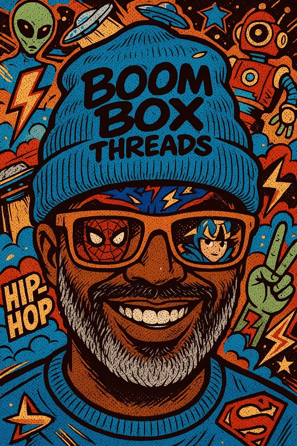 Colorful comic-style illustration of a smiling man with glasses, a gray beard, and a blue beanie hat that says "BOOM BOX THREADS." The man’s glasses have Spider-Man and anime character reflections. Behind him are comic elements like a green alien, spaceship, robot, lightning bolts, and stars, with a vibrant background. The man is making a peace sign and has a Superman logo on his shirt.