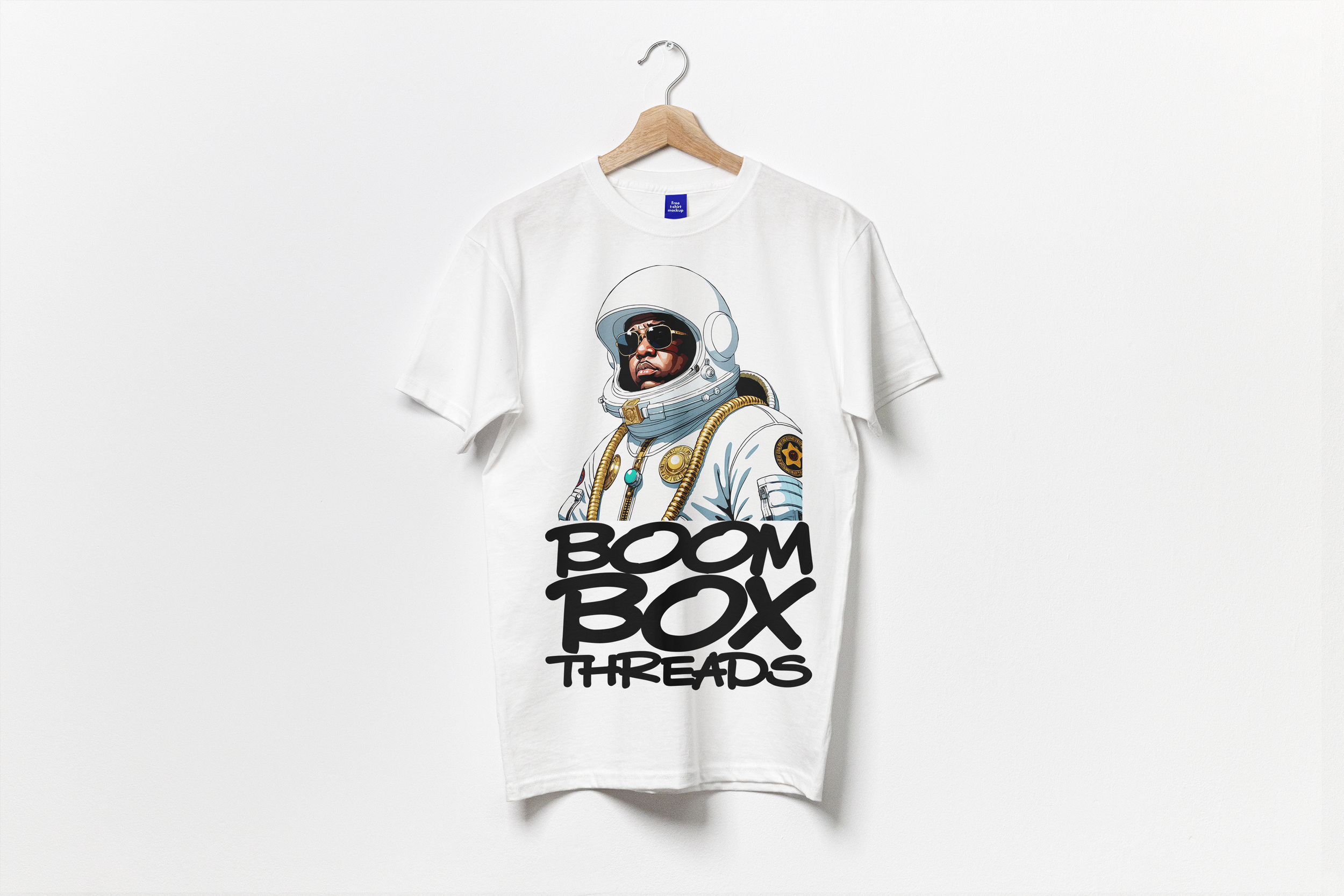 White T-shirt with an illustration of a person in a space helmet and sunglasses, and the text 'BOOM BOX THREADS' printed below.