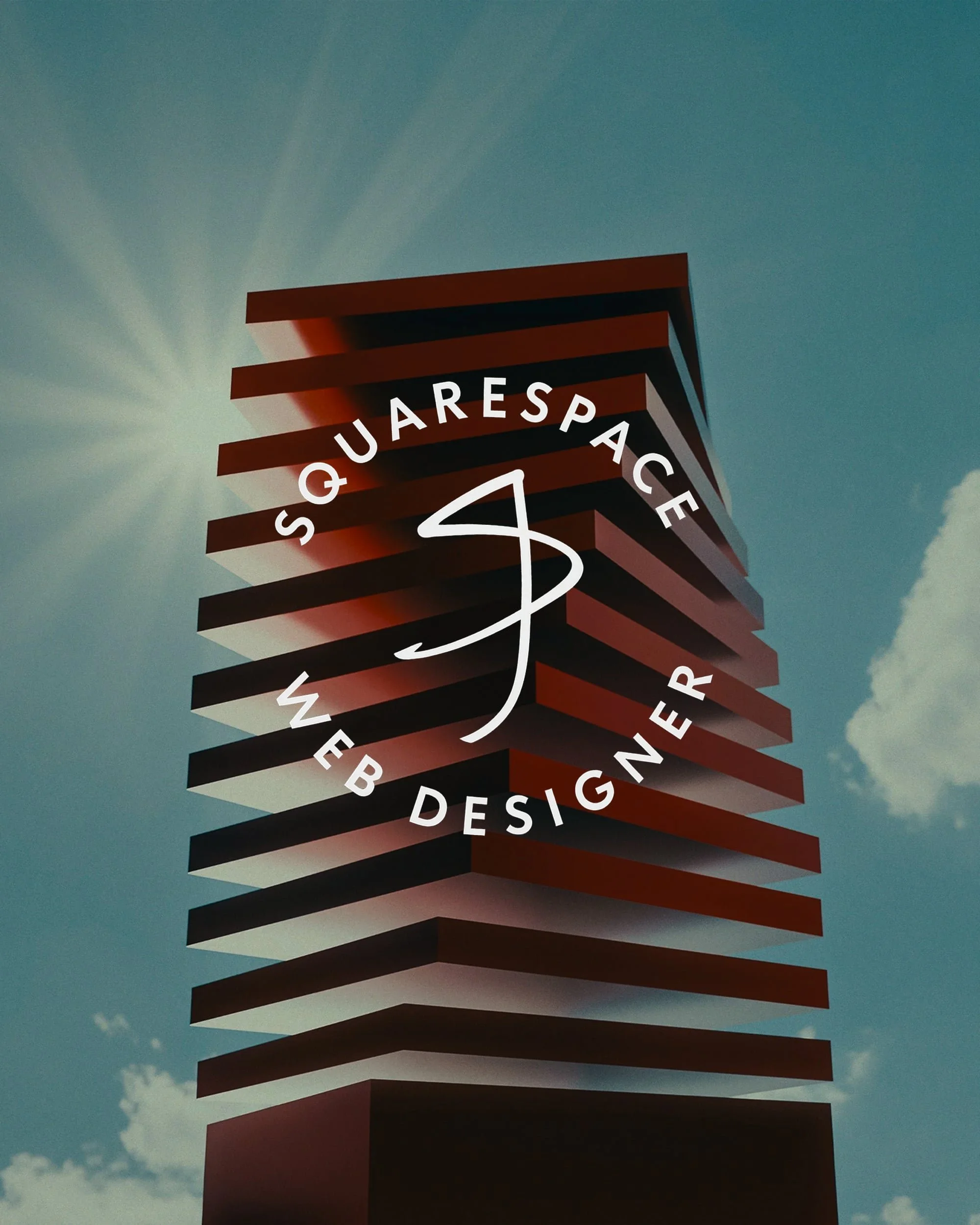 Photograph of a modern building with horizontal slats against a clear sky with the sun shining. Text overlay reads 'SQUARESPACE WEB DESIGNER' with a logo in the center.