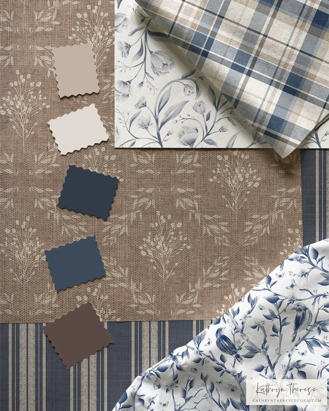 Flatlay of wallpaper and fabric samples in brown, navy, cream and taupe featuring stripes, plaids, chinoiserie and trailing florals.