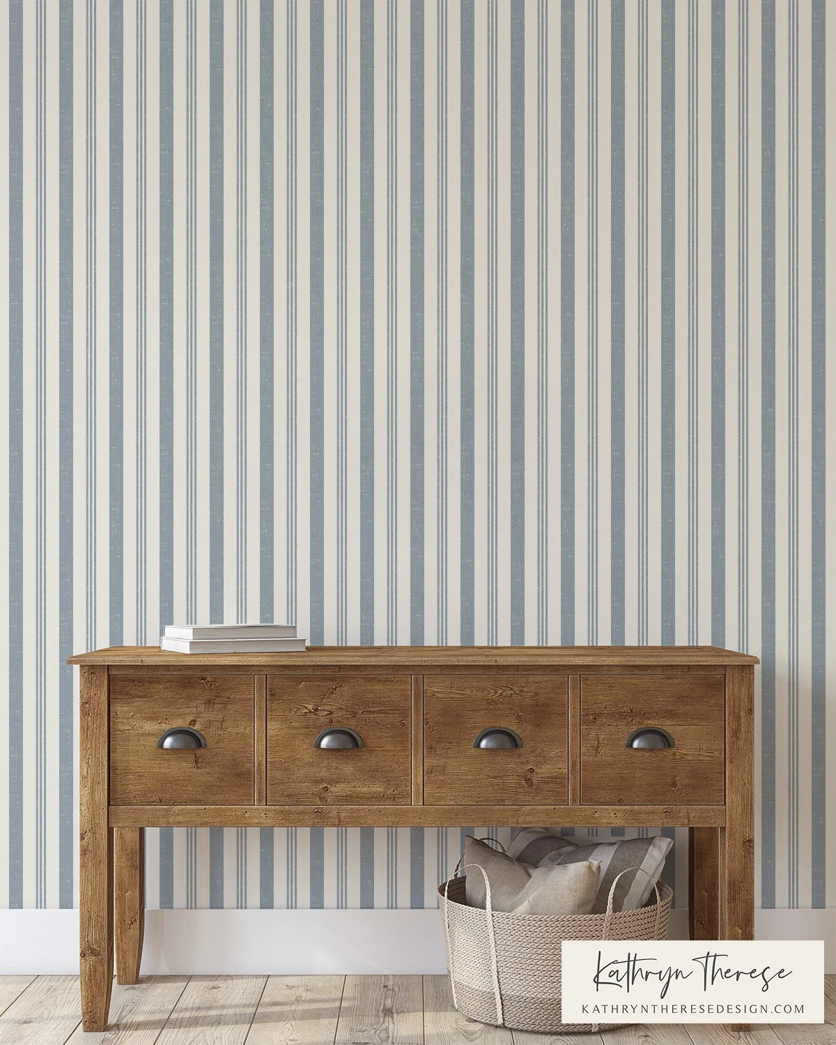 Linden Linen Textured Ticking Stripe in Blue and Cream