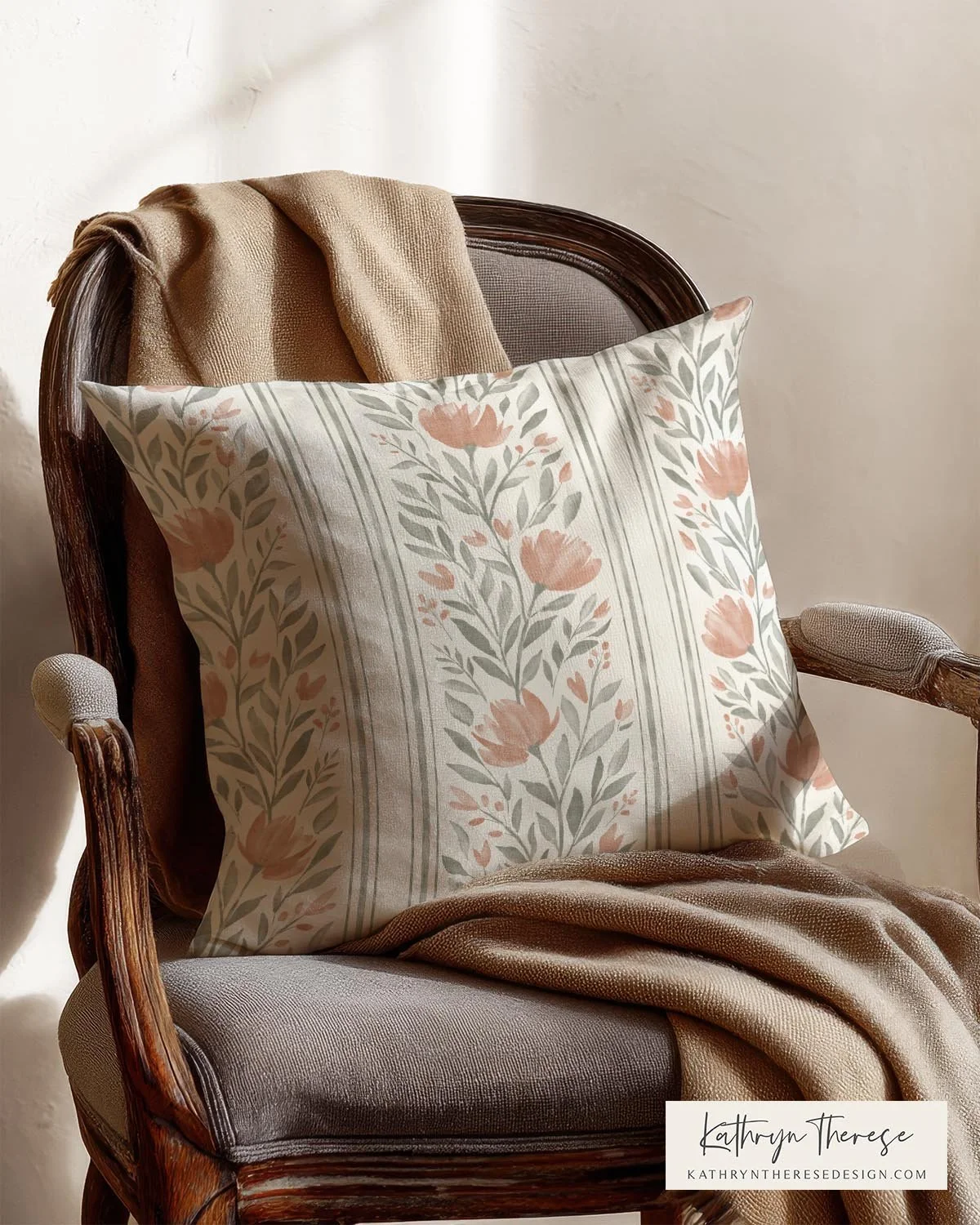 Terracotta Floral Stripe Throw Pillow Cottage Interiors