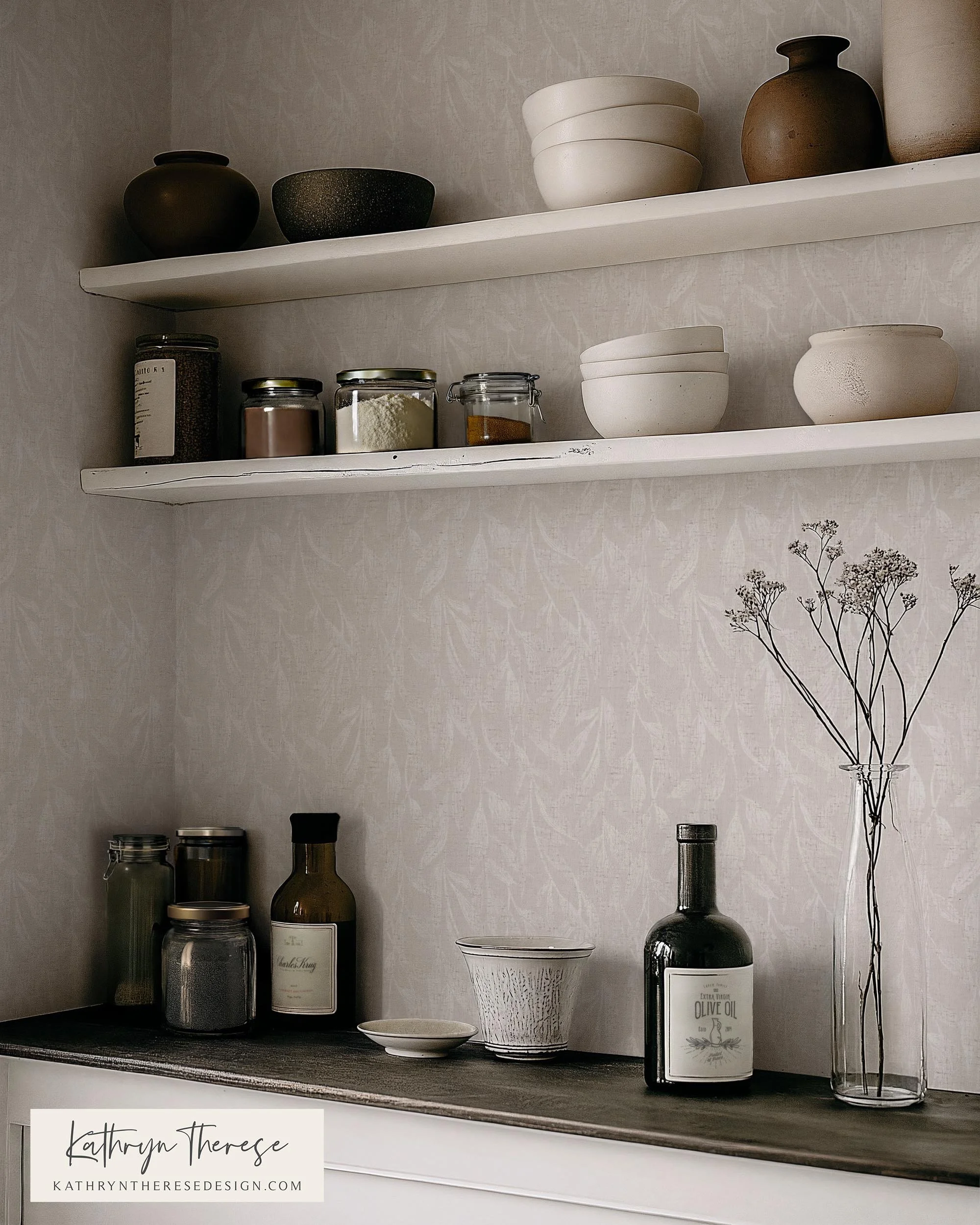 Lowen Textured Botanical Leaf Wallpaper in  Faded Earthy Neutral Cool Bone White