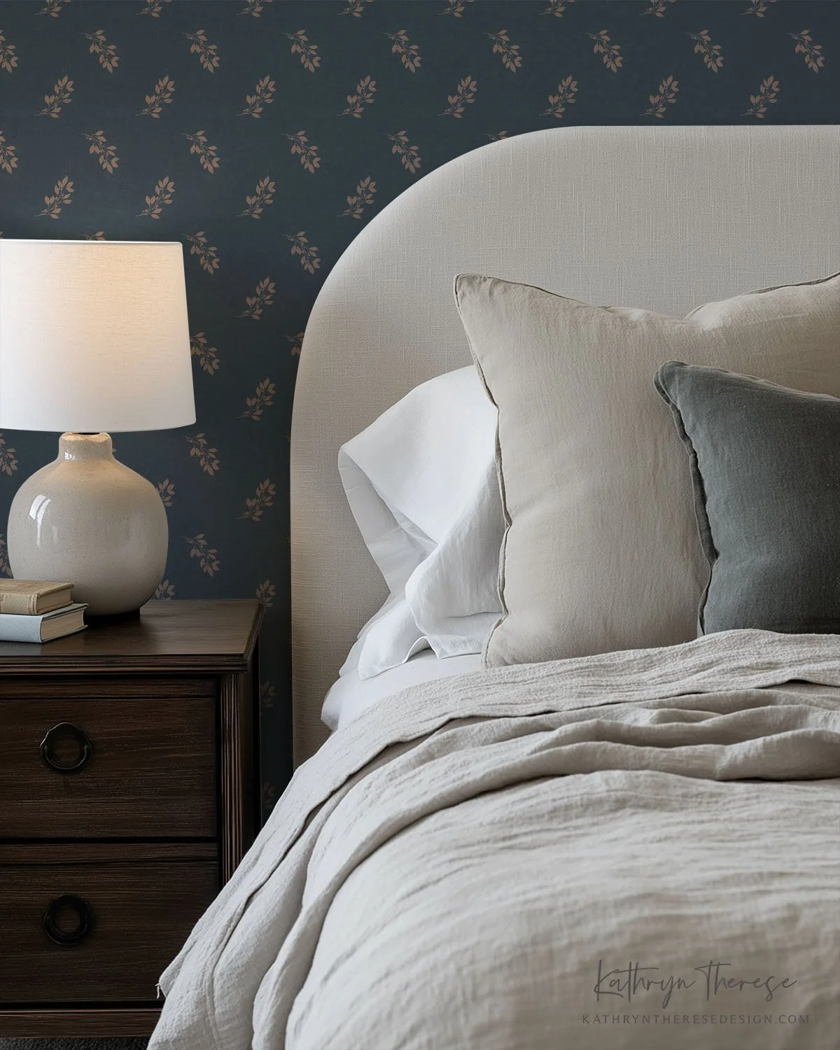 Lennox Small Scale Botanical Sprig Wallpaper for Modern Traditional Interiors in Navy and Brown