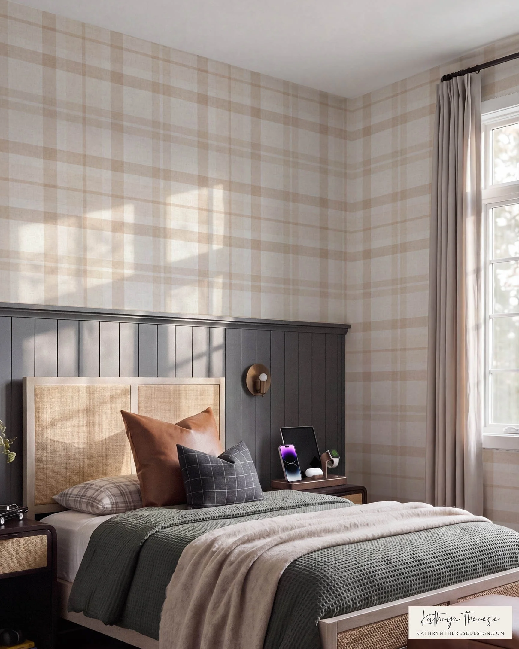 Neutral Plaid Wallpaper for Teen Boy Room