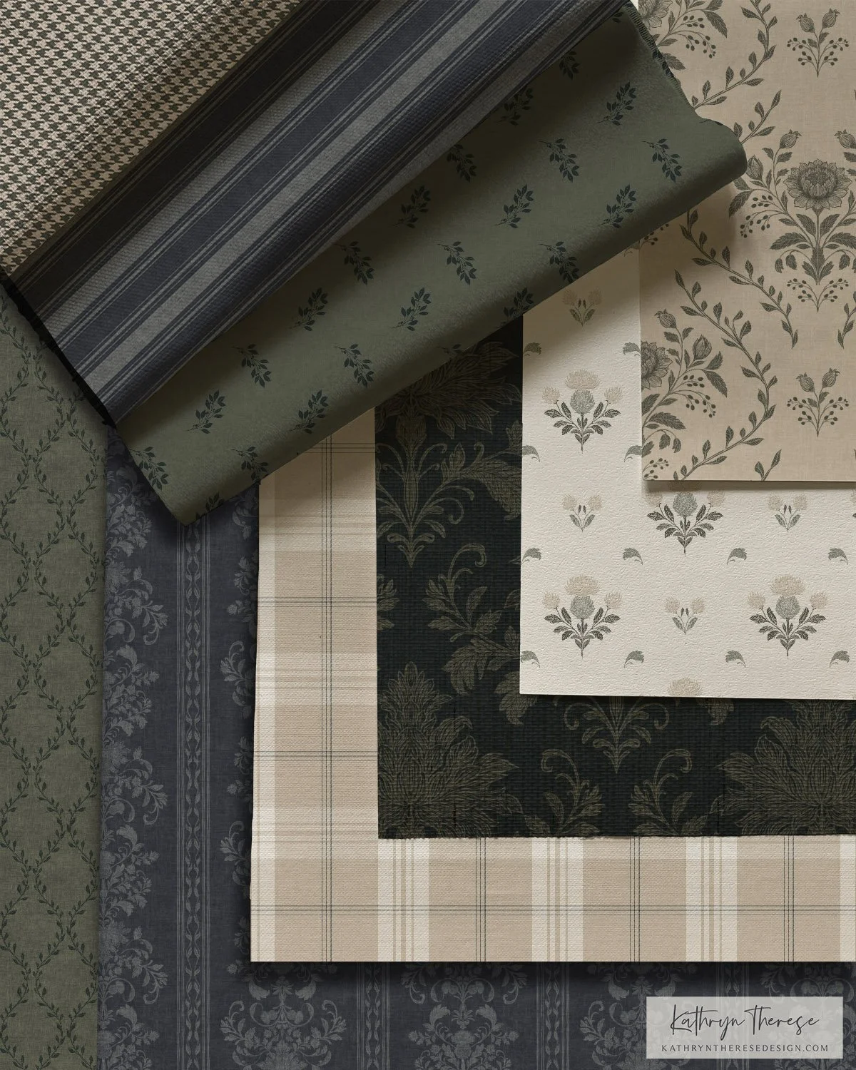 Moody Modern Traditional interior collection featuring vintage botanicals, damask, plaids, block print florals, stripes and plaids.