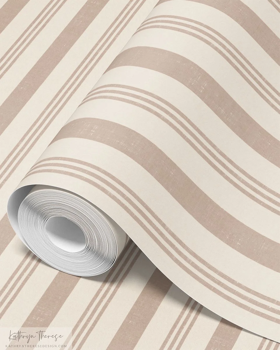 Linden - Linen Textured Ticking Stripe Wallpaper in Neutral Cream Beige