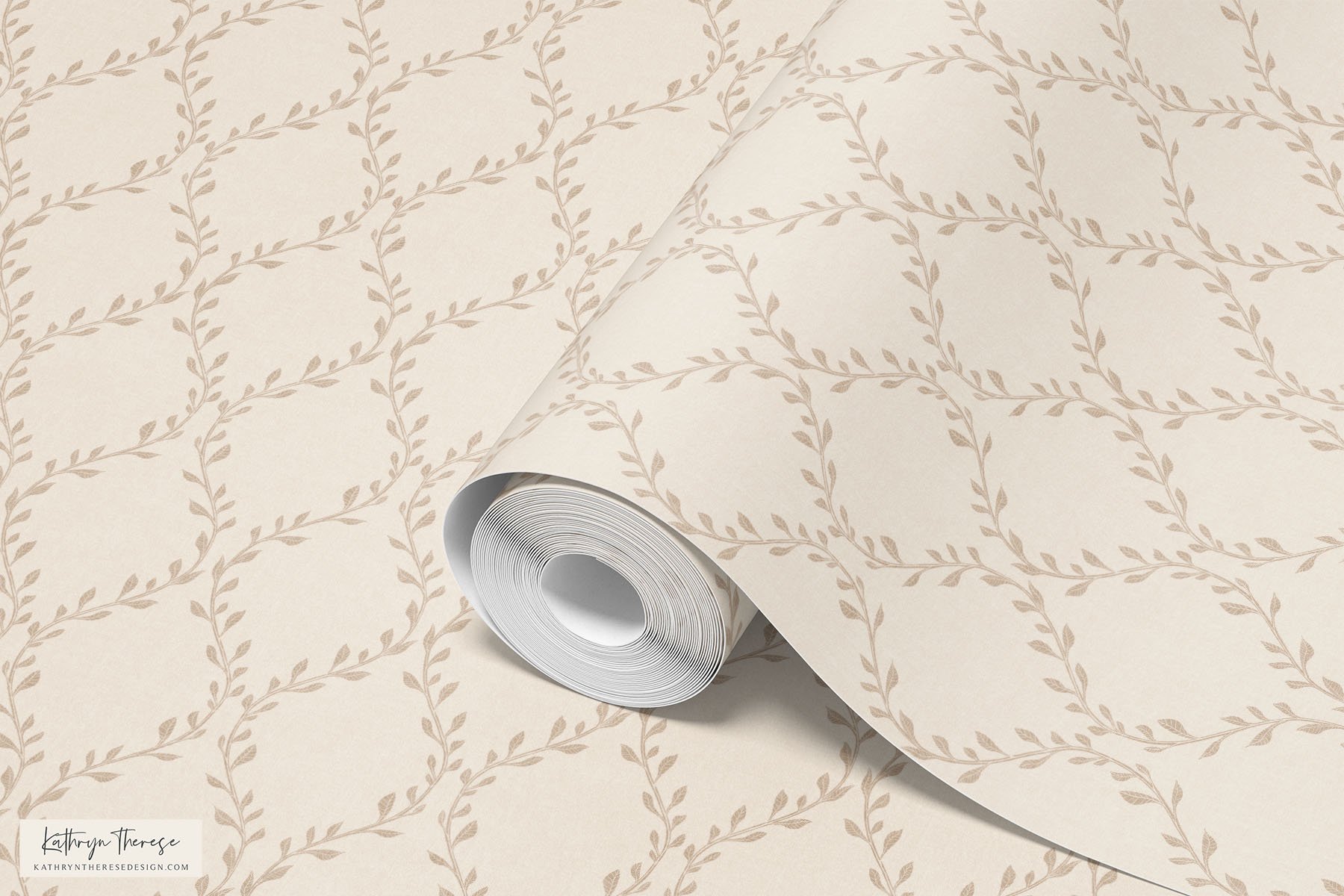 Neutral Botanical Trellis Wallpaper for Modern Traditional Interiors
