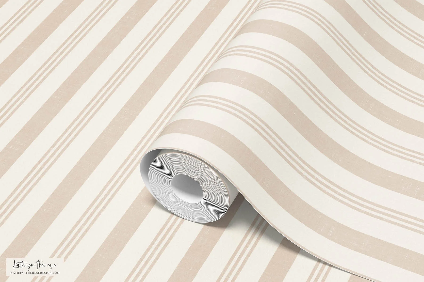 Linden - Linen Textured Ticking Stripe Wallpaper in Neutral Cream Beige