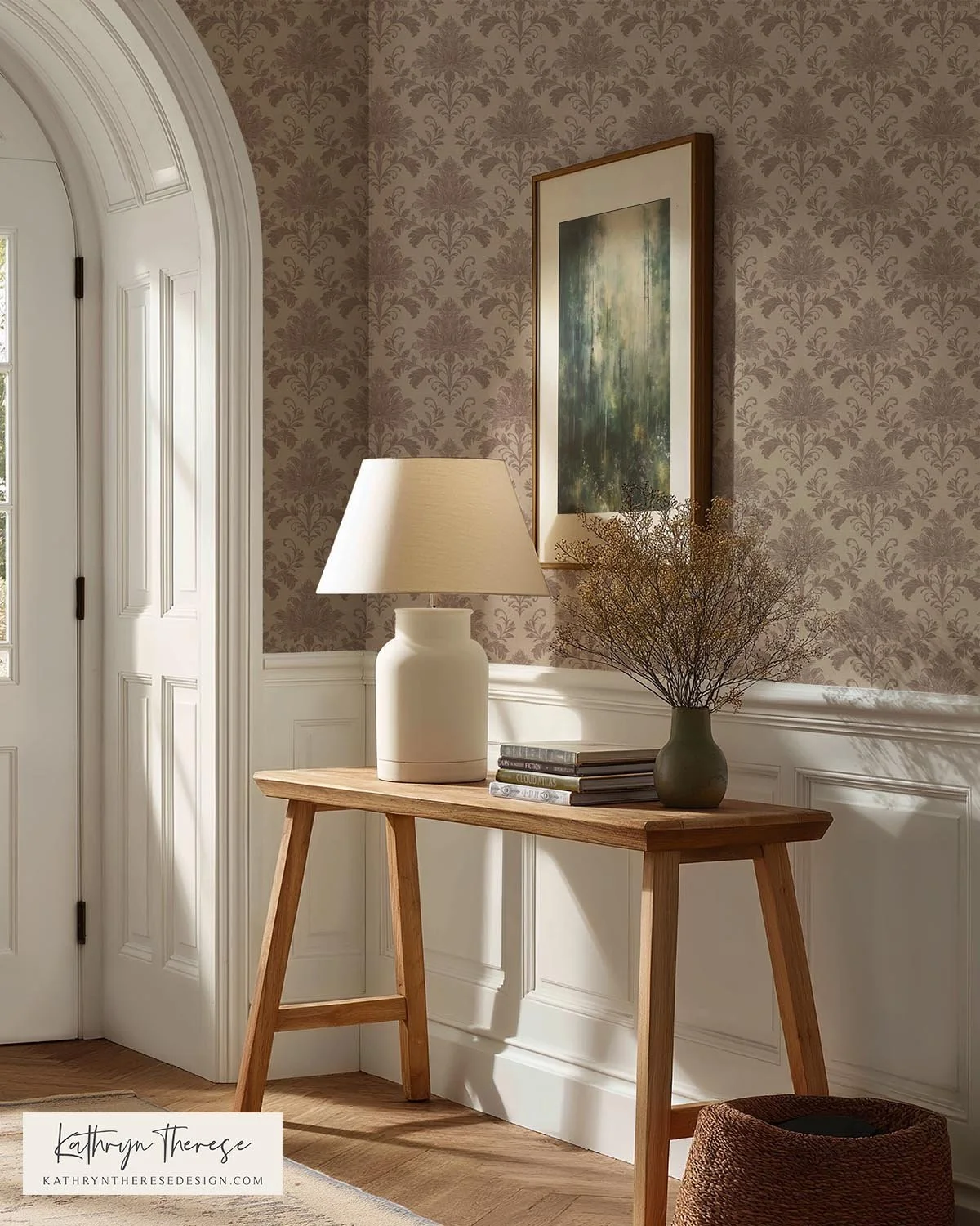 Hollis Floral Damask Wallpaper for Modern Traditional Entryway