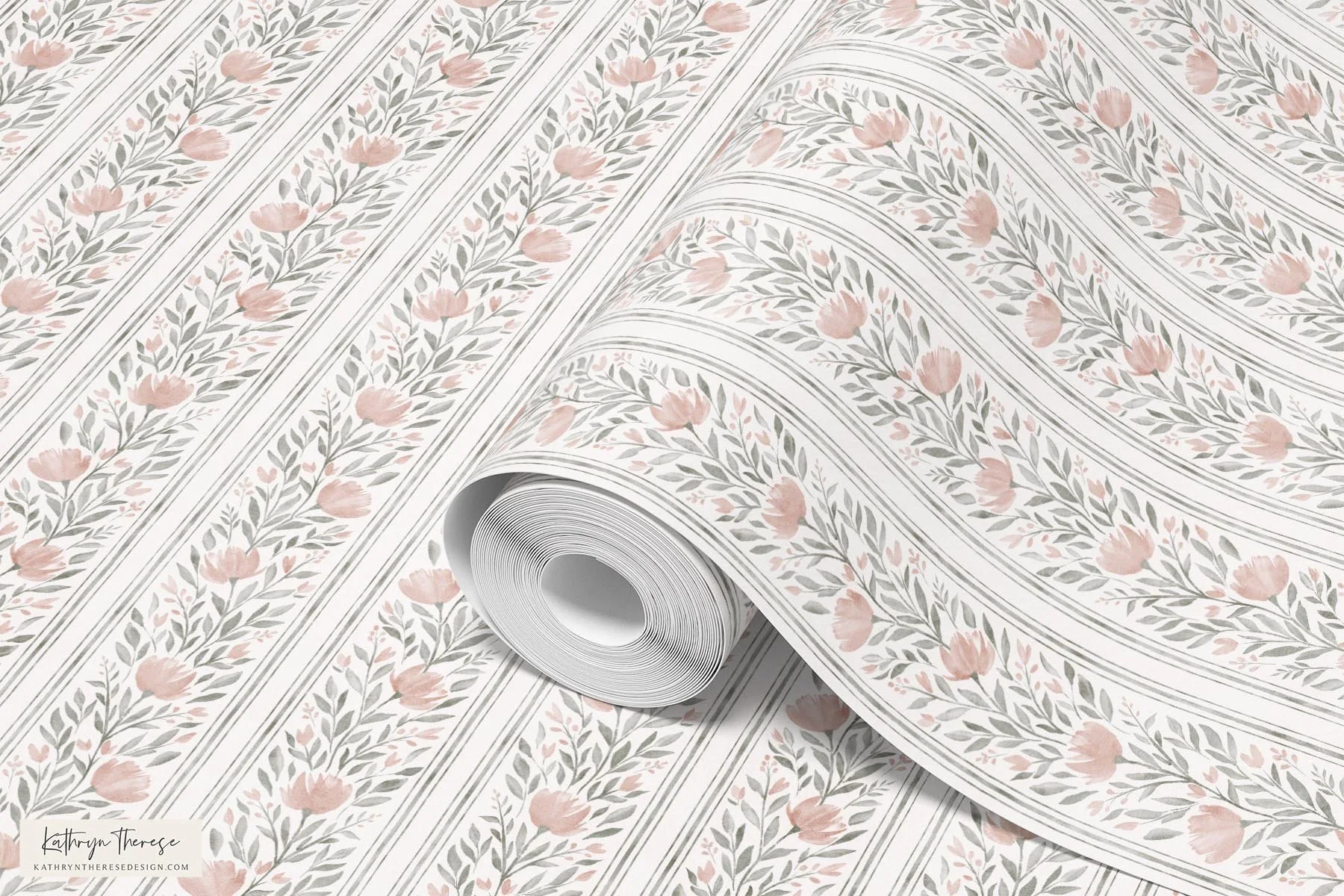 Juniper Floral Stripe Wallpaper in Dusty Rose and Sage Green