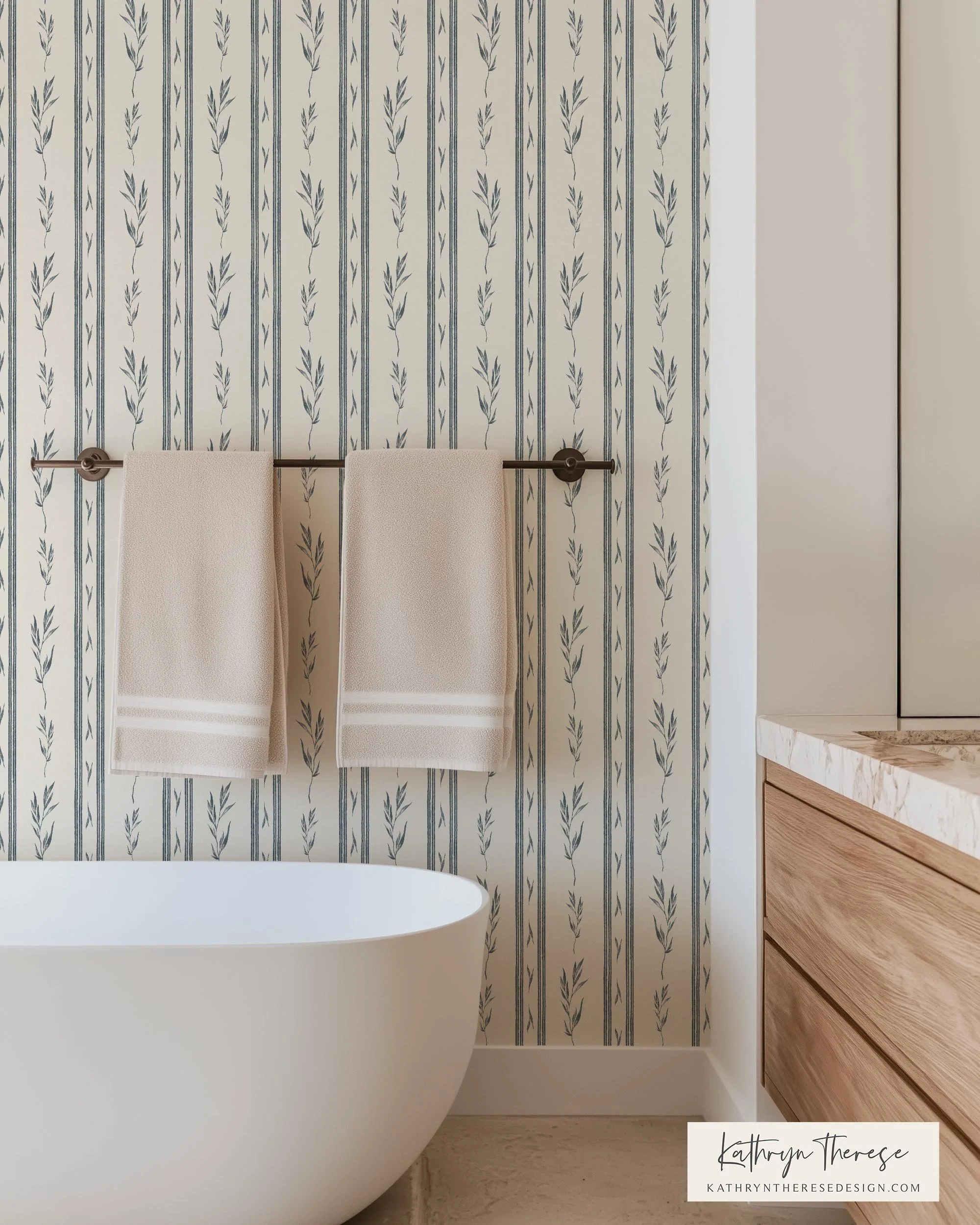 Vintage Botanical Stripe Wallpaper in Slate Blue and Cream