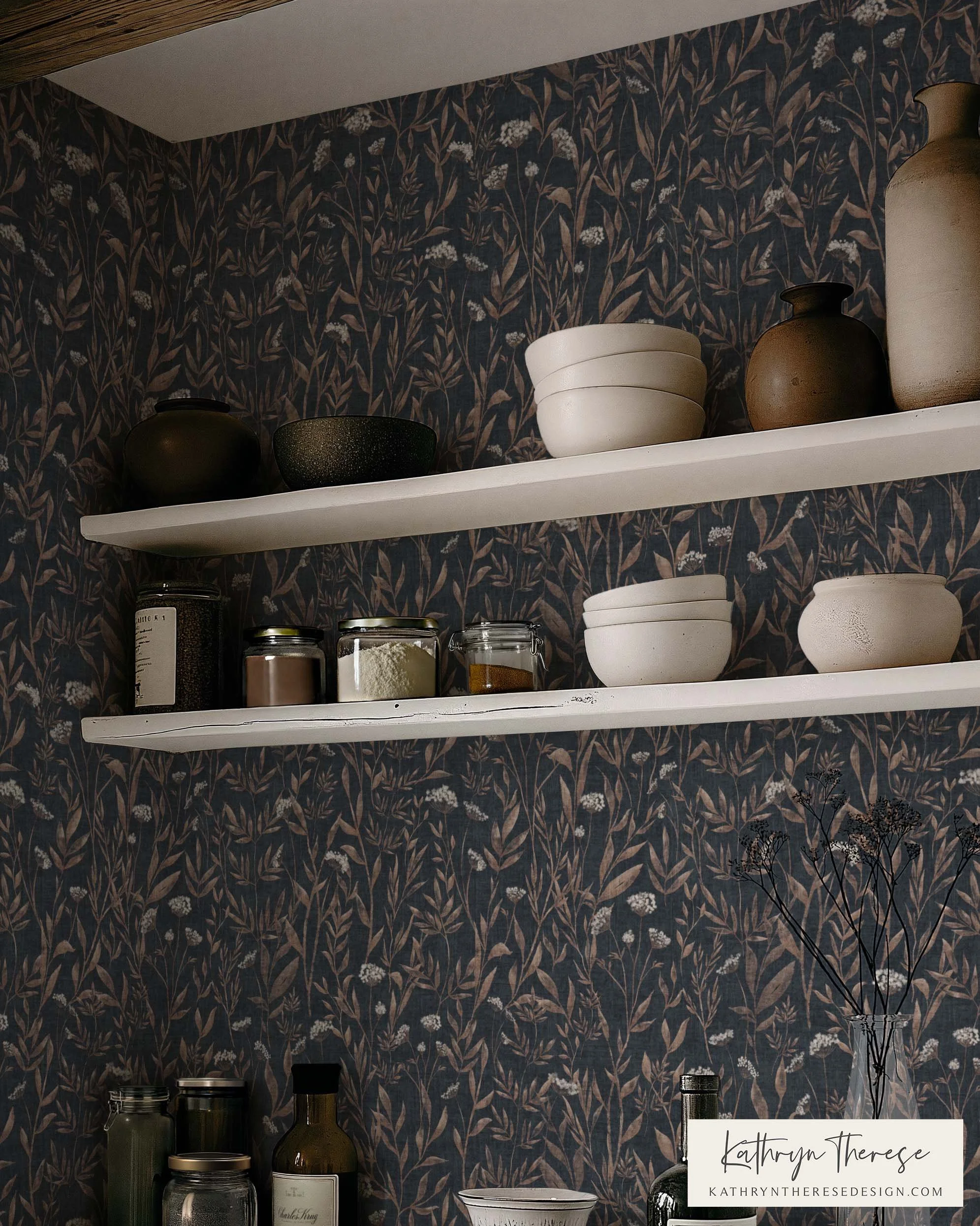 Moody Cottage Wallpaper Vintage Botanical and Wildflowers in Dark Navy Blue and Brown