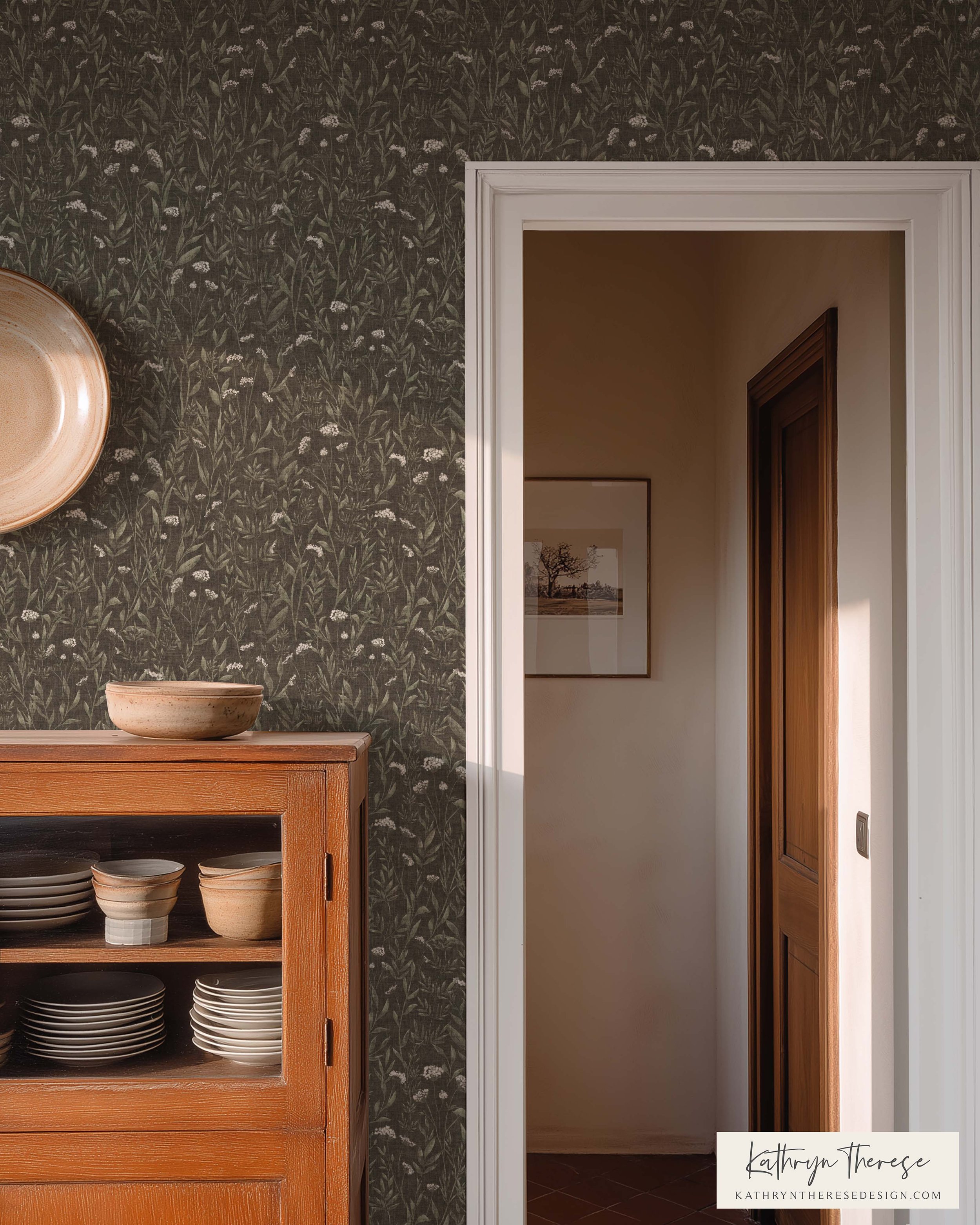 Earthy Cottage Wallpaper Vintage Botanical and Wildflowers in Moody Forest Green