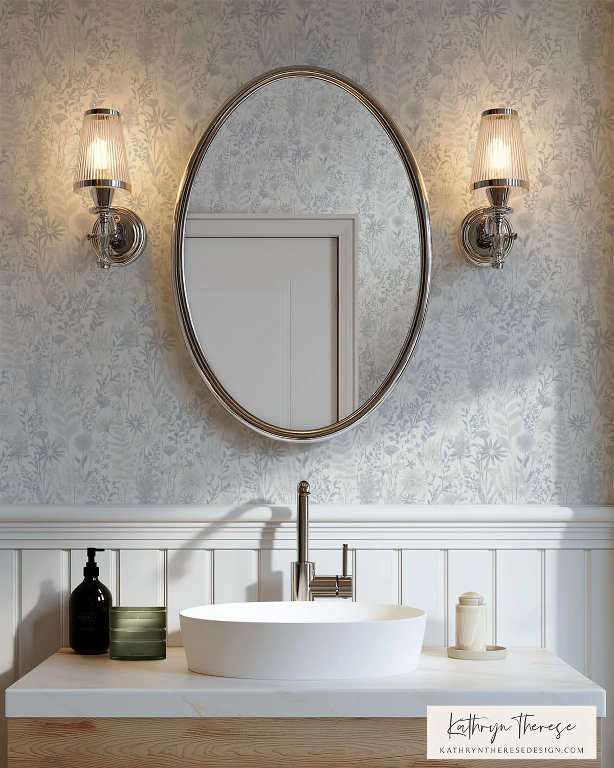 Blue and White Cottage Floral Powder Room Wallpaper