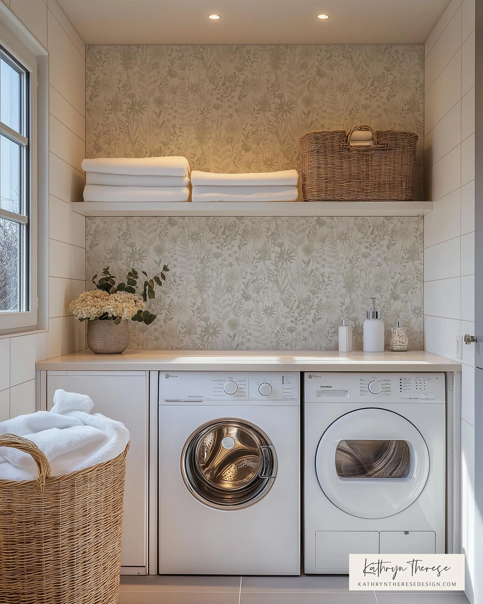 Sage Green Cottage Floral Laundry Room Wallpaper