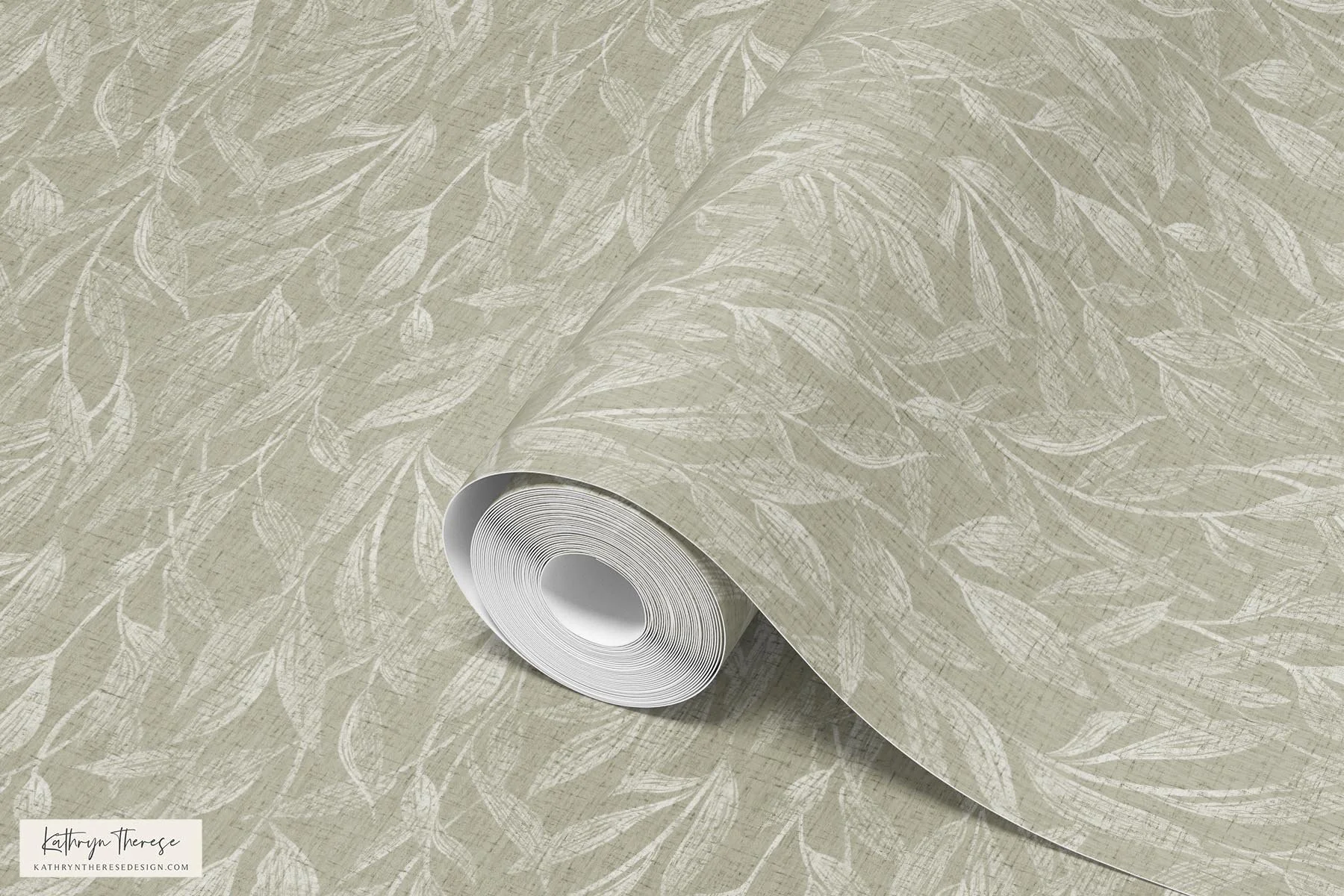 Lowen Textured Botanical Leaf Wallpaper in Muted Earthy Olive Green and Ivory White