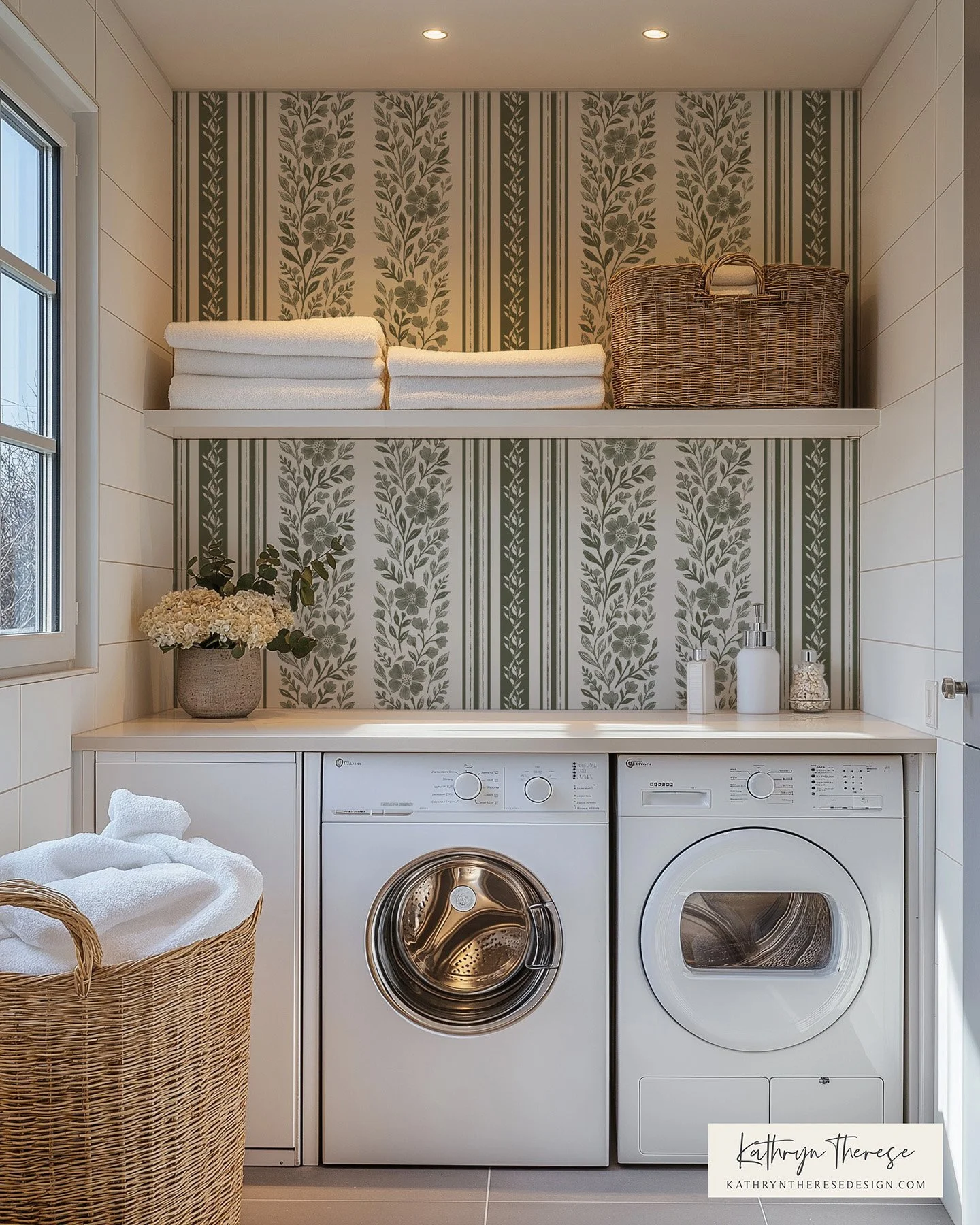 Laundry room with patterned wallpaper, white washer and dryer, a shelf with folded towels and a wicker basket, a potted plant with flowers, and soap dispensers.