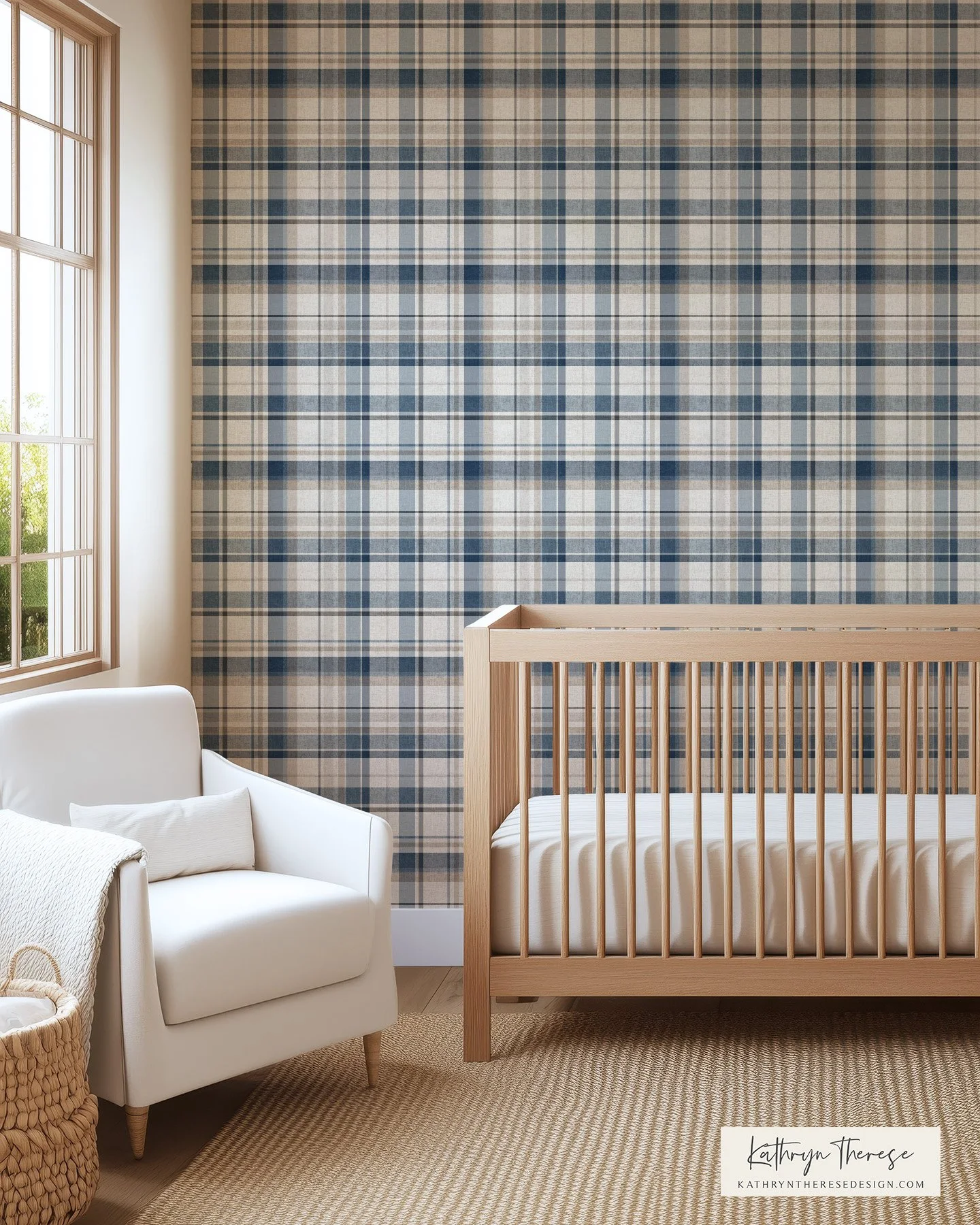 A nursery with a large window, a white armchair with a pillow, a wicker basket, a beige rug, and a wooden crib against a plaid-patterned wallpaper in shades of beige, blue, and gray.