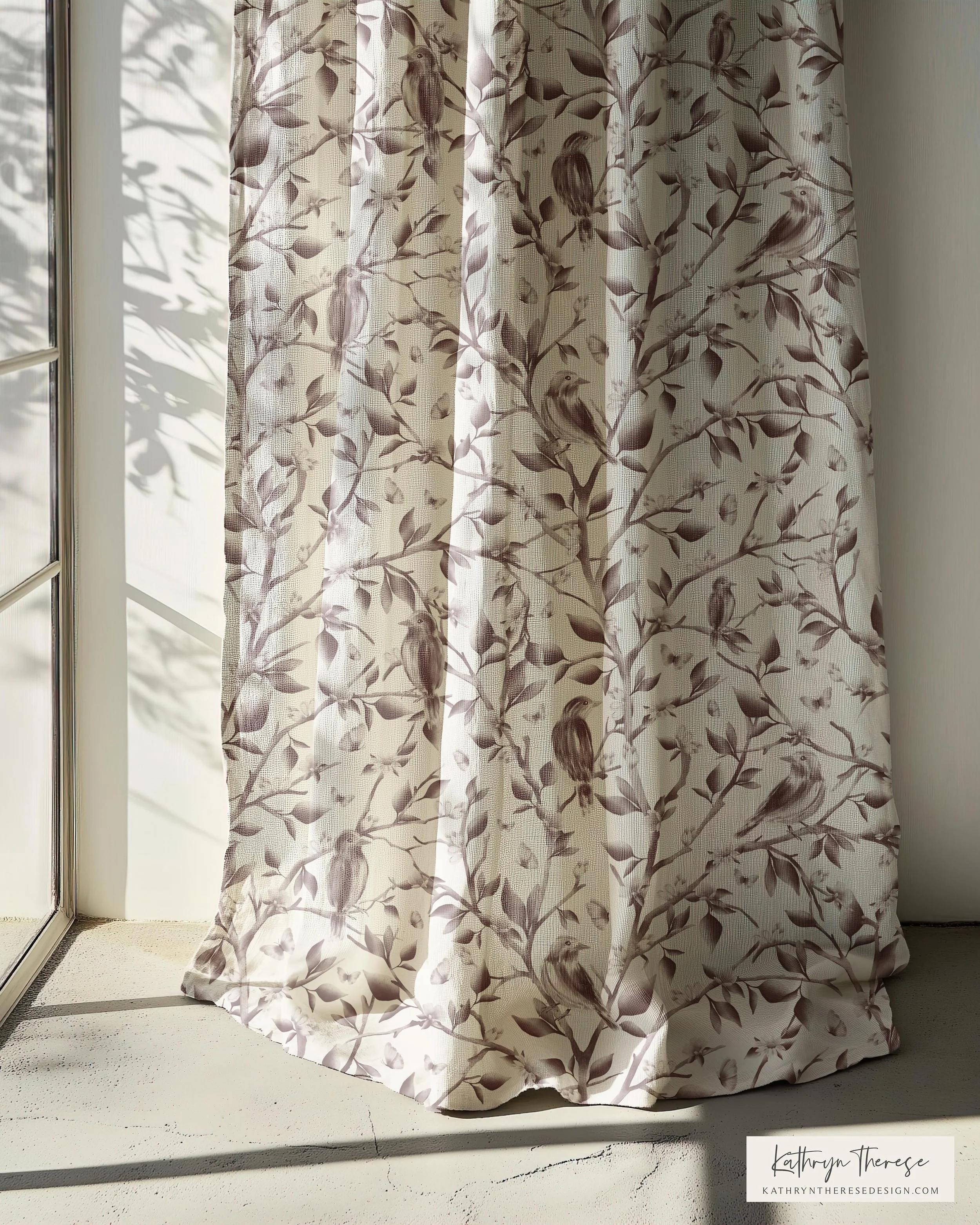 Vintage Bird &amp; Botanical Toile Curtain for Cottage &amp; English Country Interiors